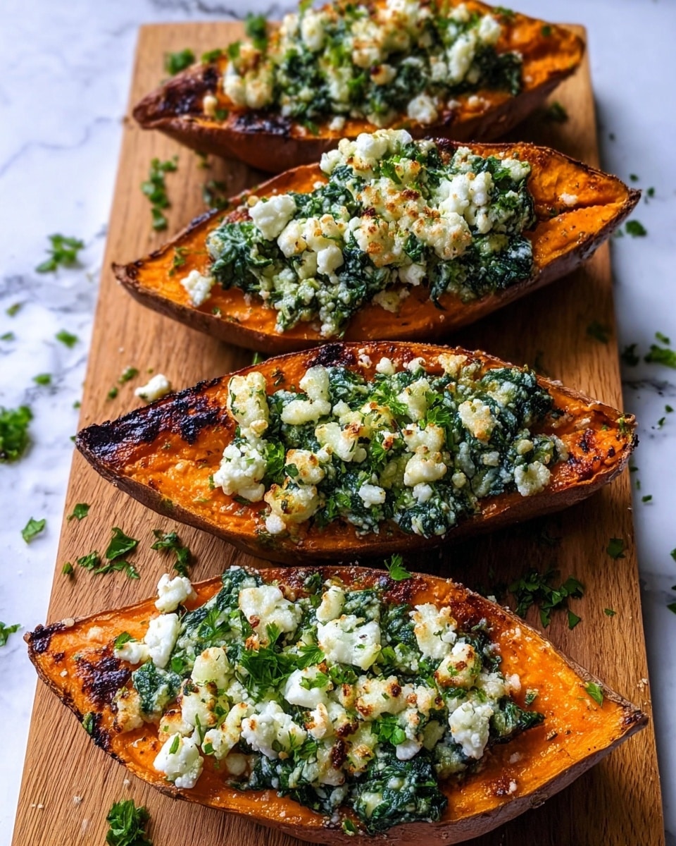 The image shows four halves of roasted sweet potatoes placed on a wooden board, each filled with a mix of creamy white cheese and bright green cooked spinach. The sweet potato skin is dark brown and slightly crispy, while the orange flesh inside is soft and smooth. The cheese topping is slightly melted and has a browned, crispy texture on top, with small green herb pieces sprinkled all over the dish and the board. The filling is piled in thick, uneven layers that contrast the smooth, curved halves of sweet potato beneath. photo taken with an iphone --ar 4:5 --v 7