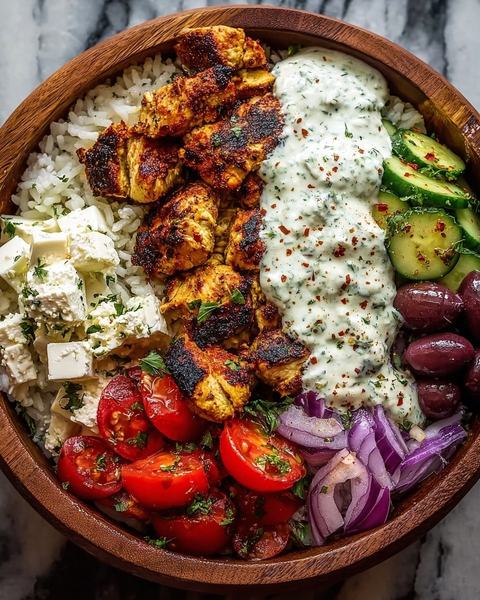 A wooden bowl filled with layers of food placed on a white marbled surface. The bottom layer is light yellow rice covering the whole bowl. On top of the rice, several sections form a colorful and textured mix: bright red cherry tomatoes cut into halves, green cucumber pieces sprinkled with herbs, dark purple olives in one corner, thin slices of purple onion near the edge, and small white cubes of feta cheese sprinkled with black pepper and herbs. A large dollop of creamy white tzatziki sauce with green herb bits and red spice is centered in the bowl. To the right side, golden-brown grilled chicken pieces with charred edges rest on the rice. The dish is vivid and inviting, with fresh chopped green herbs scattered over the top. photo taken with an iphone --ar 4:5 --v 7