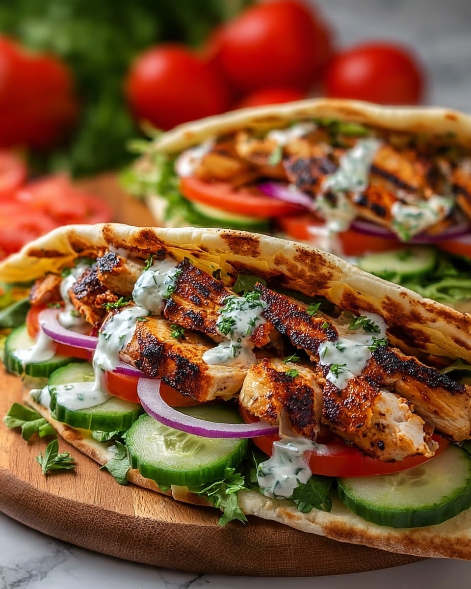 Three grilled chicken gyros are placed closely on a wooden board over a white marbled surface. Each gyro has a thick, slightly toasted flatbread base with visible browned spots. On the flatbread, there is a layer of sliced green cucumbers at the bottom, topped with bright red tomato slices, and thin purple onion slices scattered above. The main layer consists of thick pieces of dark grilled chicken, with visible char marks, piled generously. On top, there is a drizzle of white sauce mixed with green herbs, which adds a fresh contrast. Small bits of chopped green herbs are sprinkled over the entire gyro, giving it a fresh, vibrant look. photo taken with an iphone --ar 4:5 --v 7