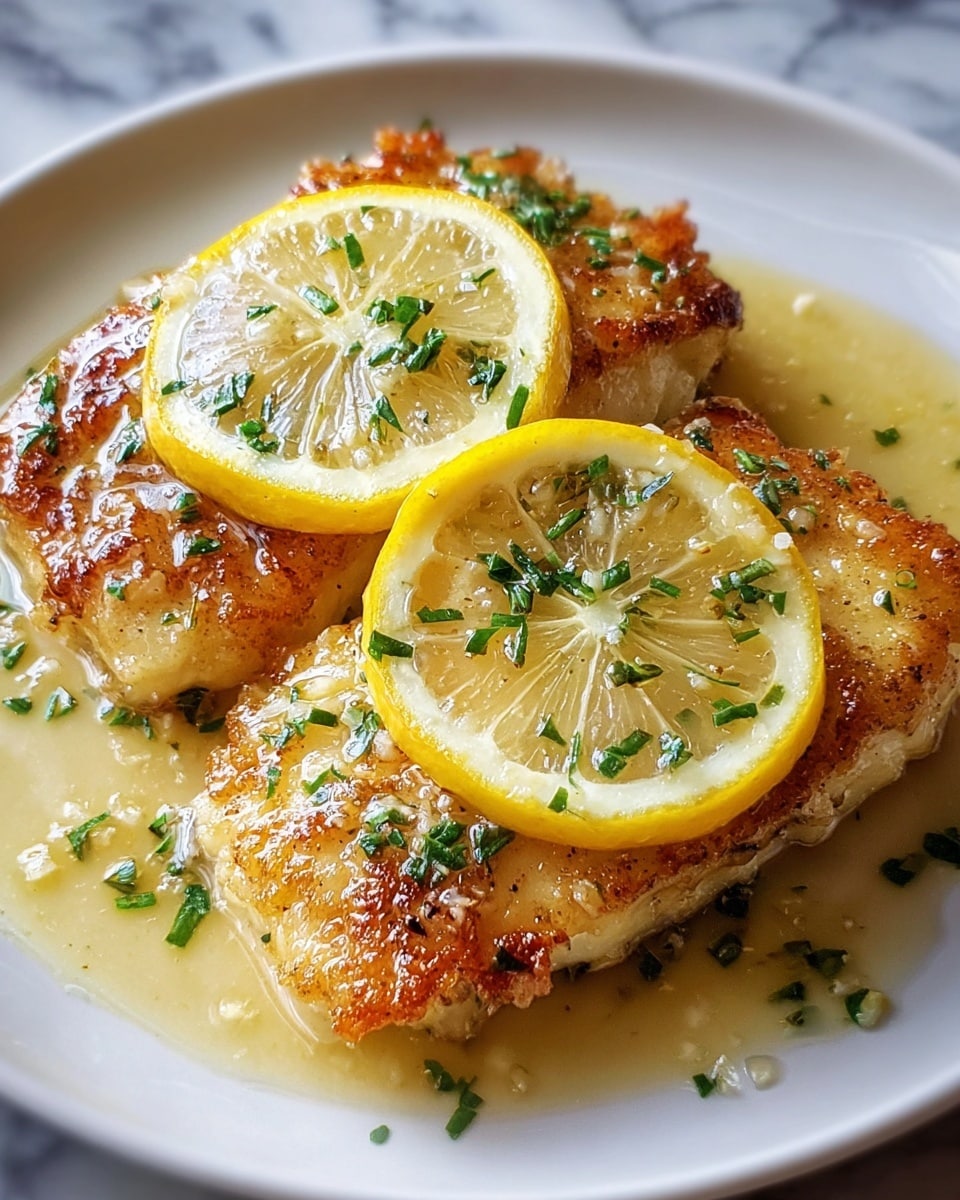 The image shows two pieces of golden-brown fried fish with a crispy texture, placed on a white plate on a white marbled surface. Each fish piece is topped with a thin, bright yellow lemon slice, a light drizzle of glossy lemon sauce, and sprinkled green herbs for contrast. The sauce pools slightly underneath the fish, adding a shiny, wet texture around them, enhancing the overall fresh and flavorful look. Photo taken with an iphone --ar 4:5 --v 7