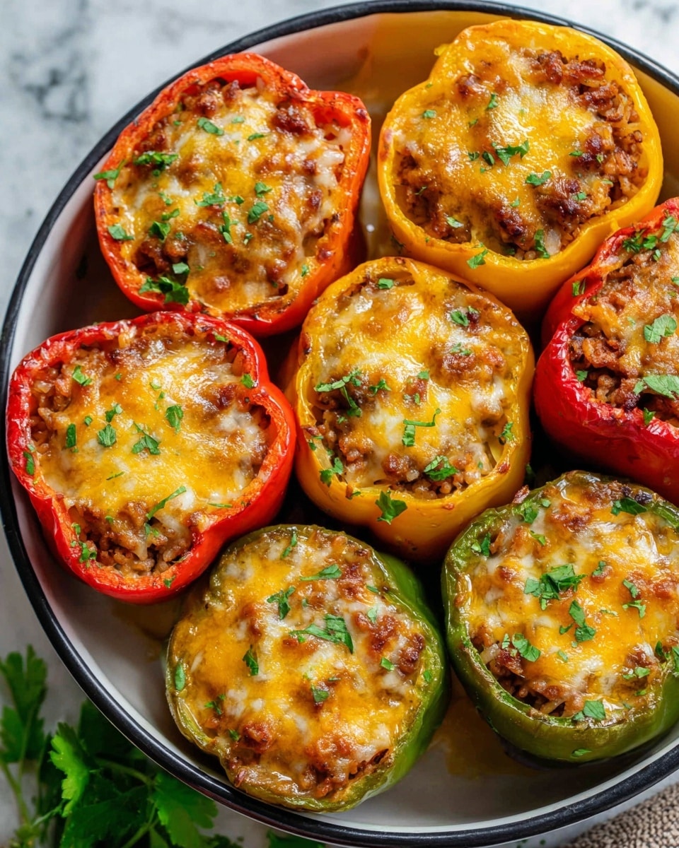 A white bowl with a black rim holds eight stuffed bell peppers arranged closely together. The peppers are red, yellow, and green, each cut in half and filled with a browned rice and ground meat mixture. The tops are covered with melted golden-yellow cheese that is slightly bubbly and sprinkled with finely chopped green herbs. The cheese layer glistens, giving a warm, cooked look, and the peppers rest on a white marbled surface, with some fresh green herbs visible near the bowl’s edge. photo taken with an iphone --ar 4:5 --v 7