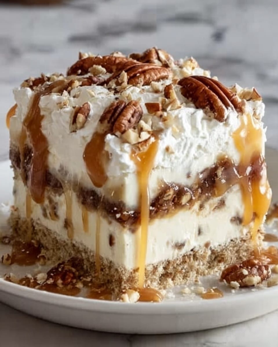 The image shows a square slice of dessert with four visible layers on a white plate. The bottom layer is a crumbly, light brown nutty base. Above it is a thick creamy white layer with small nut pieces inside. The third layer is a shiny, dark caramel or syrup layer with whole pecans on top. The top layer is fluffy white whipped cream, sprinkled with whole pecans and drizzled with caramel sauce that flows slightly down the sides. The background is a white marbled surface. Photo taken with an iphone --ar 4:5 --v 7