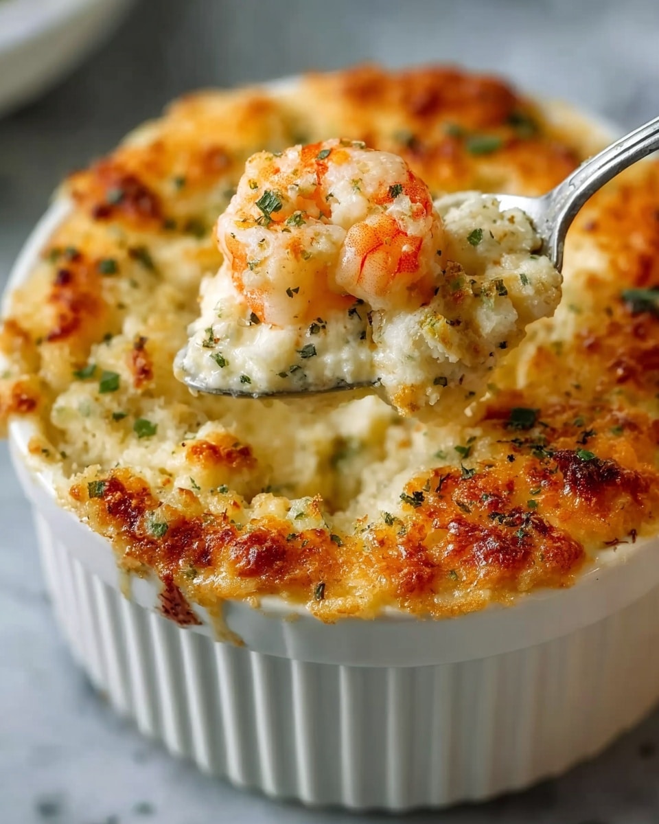 A close-up view of a white ramekin filled with a baked creamy dish topped with browned, textured cheese and herbs. The top layer shows a golden-brown crust with bits of green herbs for color. A silver spoon lifts a scoop from the ramekin, revealing a thick, creamy mixture inside with visible pieces of pink-orange shrimp and some green specks, matching the herbs on top. The white marbled surface is faintly visible in the blurred background. photo taken with an iphone --ar 4:5 --v 7