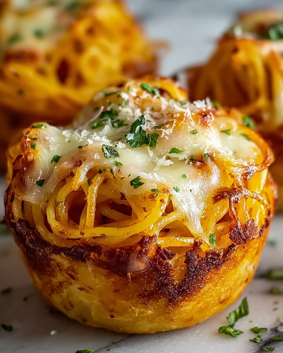 This image shows a close-up of a pasta muffin with three visible layers. The bottom layer is a golden brown baked dough cup with some crisp, darker spots where cheese has melted and browned. The middle layer consists of yellow-orange spaghetti noodles twisted and packed inside the dough cup. The top layer is melted white cheese that drapes over the noodles, with light browning and small crispy spots. The muffin is sprinkled with finely chopped green herbs and a little grated white cheese. The background is a white marbled texture with blurred greens behind. photo taken with an iphone --ar 4:5 --v 7