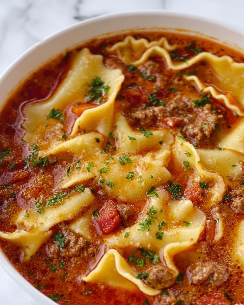 The image shows a close-up of a lasagna with several layers clearly visible. The bottom layer has wide pasta sheets that are light yellow with a slightly wavy edge. Above that is a thick red tomato sauce with chunks of cooked ground meat, giving it a textured and rich look. There are also small green herb pieces sprinkled throughout the sauce. The top pasta layer is lightly browned and partly folded or creased, showing a soft yet firm texture. The lasagna is served in a white plate, and the background is a white marbled surface. Photo taken with an iphone --ar 4:5 --v 7