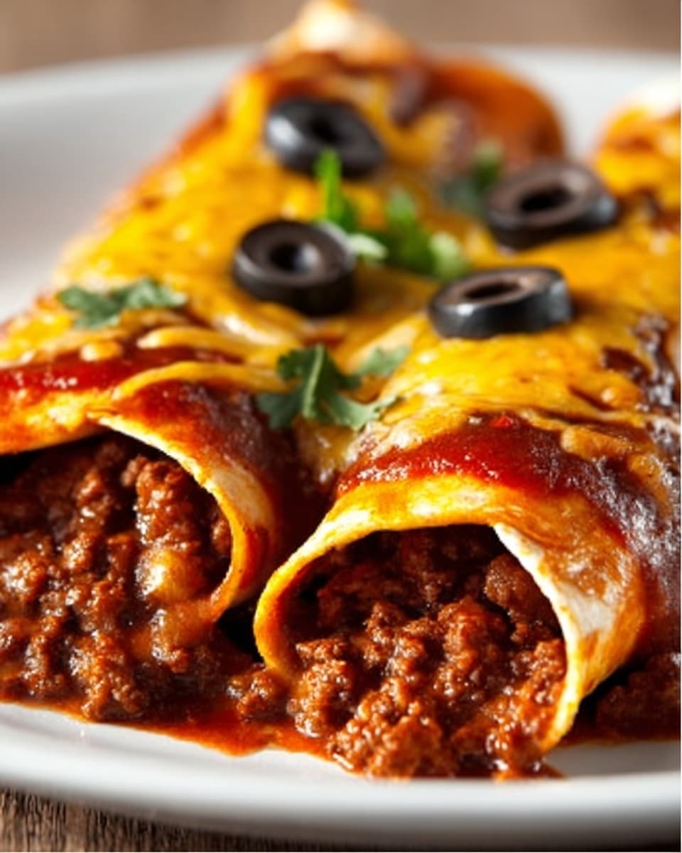 The image shows two rolled, baked enchiladas placed side by side on a white plate, with visible layers of seasoned ground beef filling that is brown and textured. The enchiladas are covered with a generous layer of bright red sauce, topped by melted yellow-orange cheddar cheese that looks gooey and slightly browned in places. On top of the cheese, there are a few whole black olives adding a smooth and dark contrast. The edges of the tortillas are slightly crispy and curled up. Photo taken with an iphone --ar 4:5 --v 7