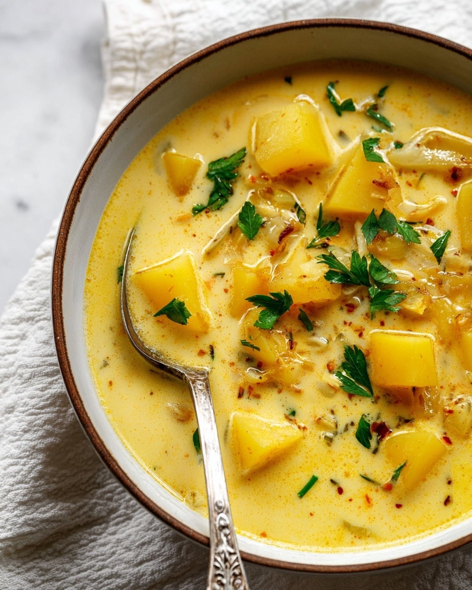 A close-up view of a creamy yellow soup in a white bowl with a brown rim, filled with chunks of golden-yellow potatoes and small pieces of translucent onion, all in a smooth, rich broth. Bright green parsley leaves are scattered on top as a fresh garnish, adding a pop of color. A silver spoon with an ornate handle rests inside the bowl, partially submerged in the soup. The bowl is set on a textured white cloth over a white marbled surface. Photo taken with an iphone --ar 4:5 --v 7
