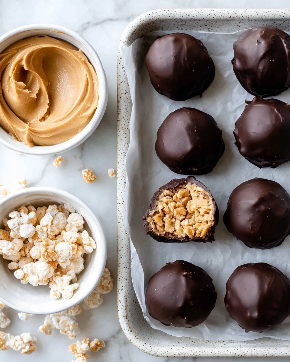 The image shows eight balls of chocolate-covered peanut butter with crispy rice on a white speckled baking tray lined with parchment paper. One ball is bitten, revealing a light brown peanut butter inside mixed with crispy rice, giving it a rough texture. The chocolate coating is dark and shiny with subtle drizzled patterns on top. Next to the tray are two small white bowls placed on a white marbled surface: one bowl contains light tan smooth peanut butter, and the other holds pale beige crispy rice pieces that look crunchy. photo taken with an iphone --ar 4:5 --v 7