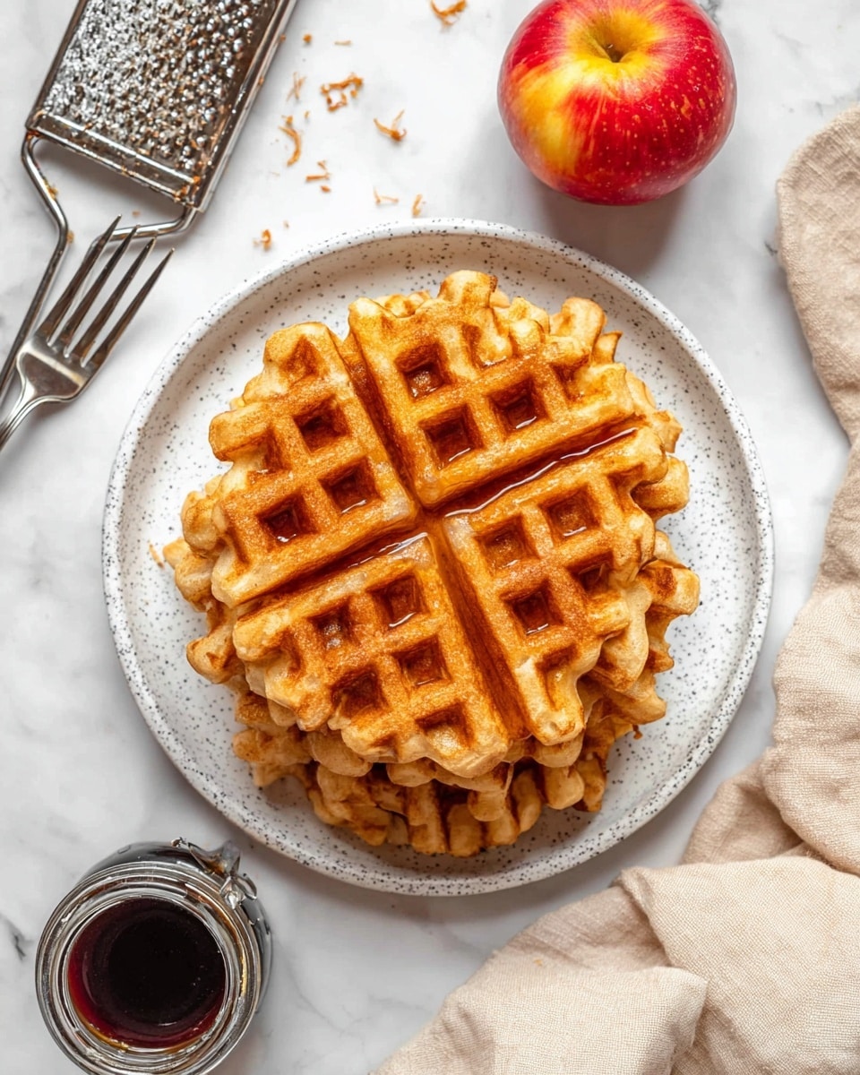 A stack of five golden brown waffles with a textured surface sits in the middle of a white speckled plate. Each waffle has deep square pockets and slightly crisp edges that show light browning. Behind the plate, there is a shiny red apple with yellow highlights, a small jar of dark syrup, a white bowl partially filled with waffle pieces, and a metal grater with large holes. The whole scene rests on a white marbled textured surface with soft natural lighting. Photo taken with an iphone --ar 4:5 --v 7