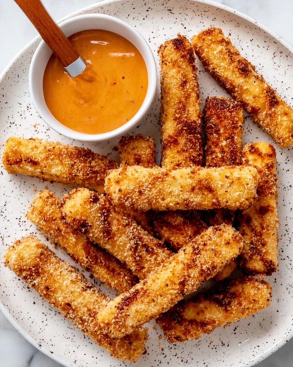 A white plate with dark speckles holds several crispy, golden-brown breaded sticks arranged around a small white sauce cup filled with smooth, orange dipping sauce. One stick is partially dipped into the sauce, held by a woman's hand, showing a soft, white interior inside the crunchy coating. The sticks have a rough, crumbly texture with varying shades of golden and light brown, placed casually with some overlapping each other on a white marbled surface. photo taken with an iphone --ar 4:5 --v 7