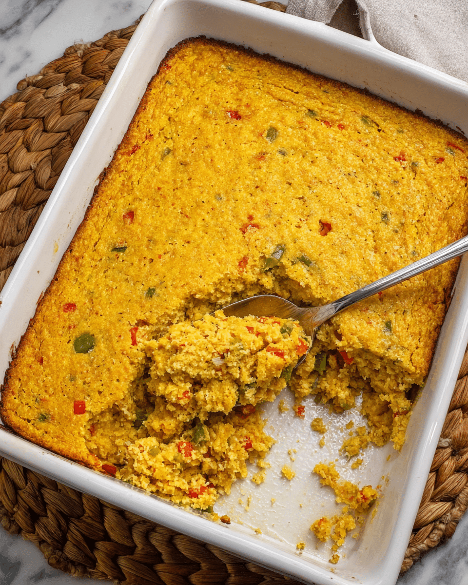 A close-up image shows a white bowl filled with a crumbly, golden yellow dish mixed with small pieces of red and green vegetables. Next to the bowl is a white rectangular baking dish containing the same baked dish with a slightly rough, browned top layer. The setup is on a wooden surface with a woven mat partially visible under the baking dish. The texture of the dish is grainy and cooked, with visible small vegetable bits scattered throughout. photo taken with an iphone --ar 4:5 --v 7