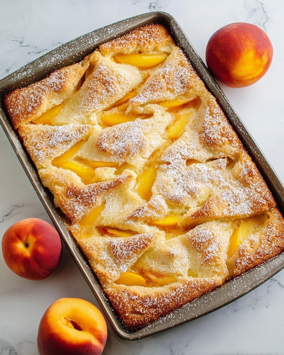 The image shows a baked peach cobbler in a dark rectangular baking pan placed on a white marbled surface. The cobbler has a golden-brown crust with some parts folded over, revealing soft, juicy peach slices underneath. The top crust is lightly dusted with powdered sugar, creating a contrast with the warm, orange-yellow peach filling peeking through the gaps. Around the pan, there are three whole peaches with red and yellow skin. The light in the photo highlights the textures of the crust and juicy fruit inside. Photo taken with an iphone --ar 4:5 --v 7