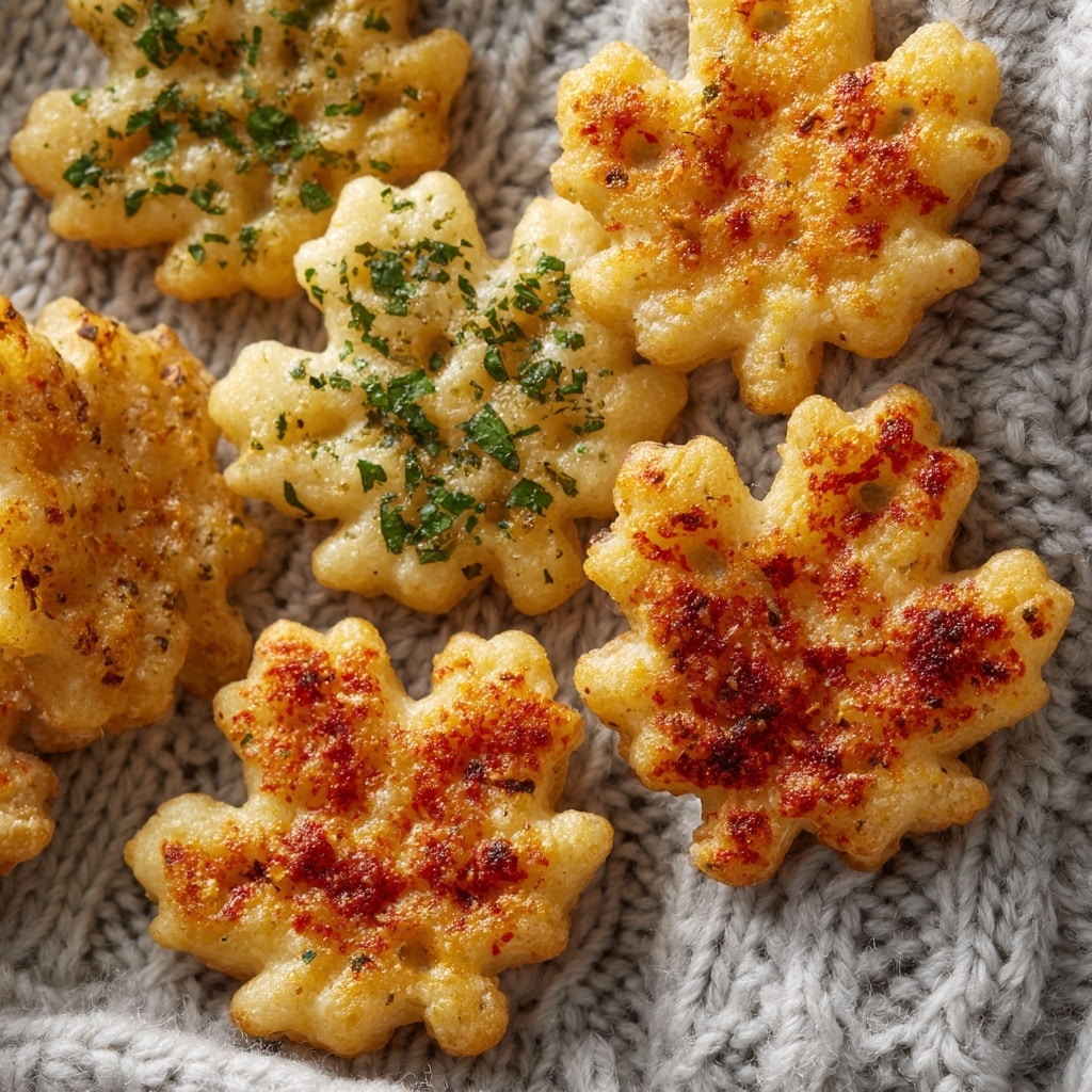 The image shows several crunchy snacks shaped like maple leaves, placed on a light gray knitted fabric that resembles a cozy cloth. Each snack has a light golden base with a bubbly texture, topped with different seasonings: one has green herbs scattered, another is plain golden, and one is sprinkled with red seasoning powder giving a slightly burnt effect in some areas. The snacks vary slightly in size but all share the same leaf shape and textured surface. photo taken with an iphone --ar 4:5 --v 7
