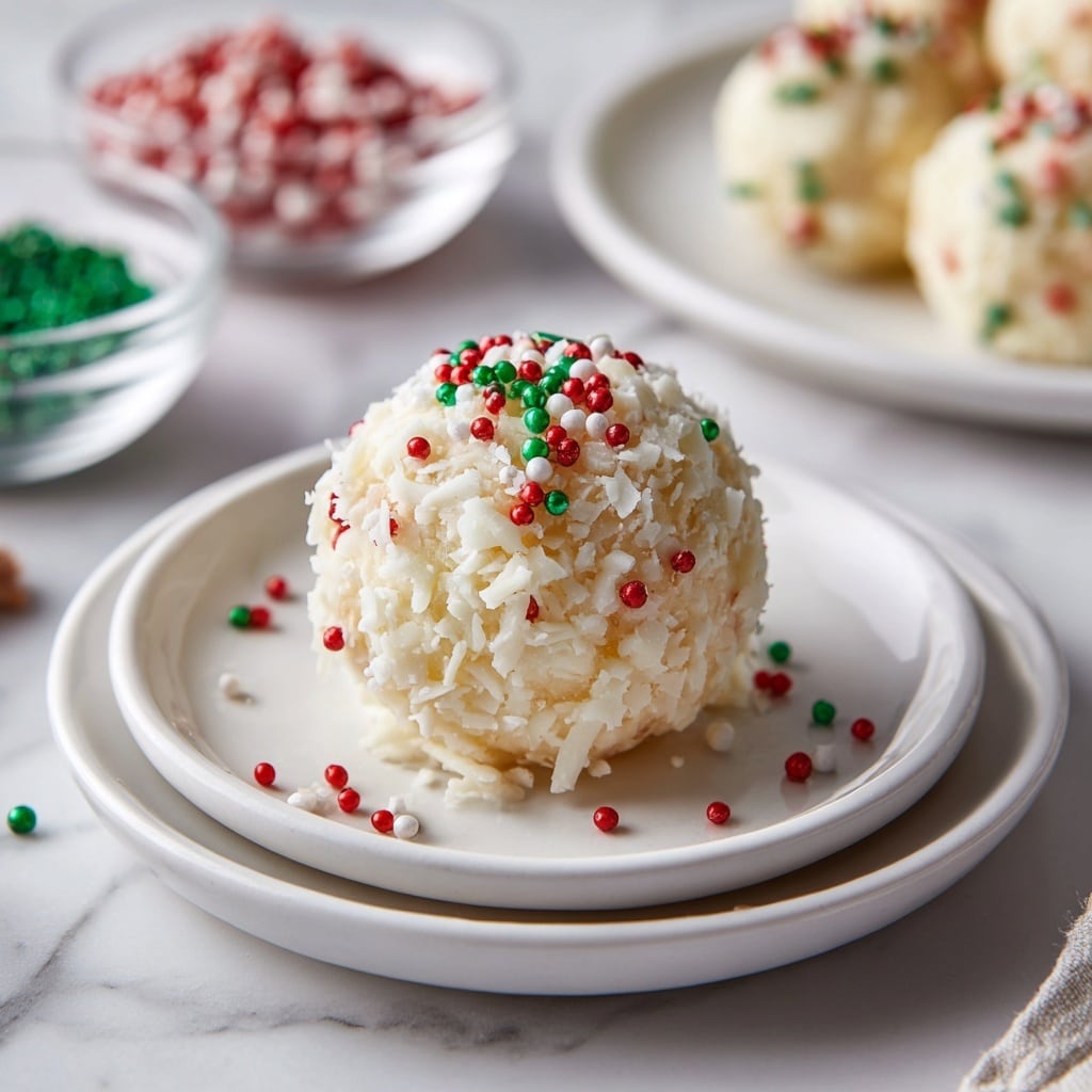 A single round dessert made of light beige rice cereal sticks tightly packed and coated with a layer of smooth white frosting. The top is covered with small round sprinkles in green, red, and white colors, adding a festive touch. The treat sits alone on a glossy white plate stacked on another white plate, all placed on a white marbled surface. In the background, there is a blurred white bowl filled with more colorful sprinkles and a white plate holding additional similar treats, all softly out of focus. photo taken with an iphone --ar 4:5 --v 7
