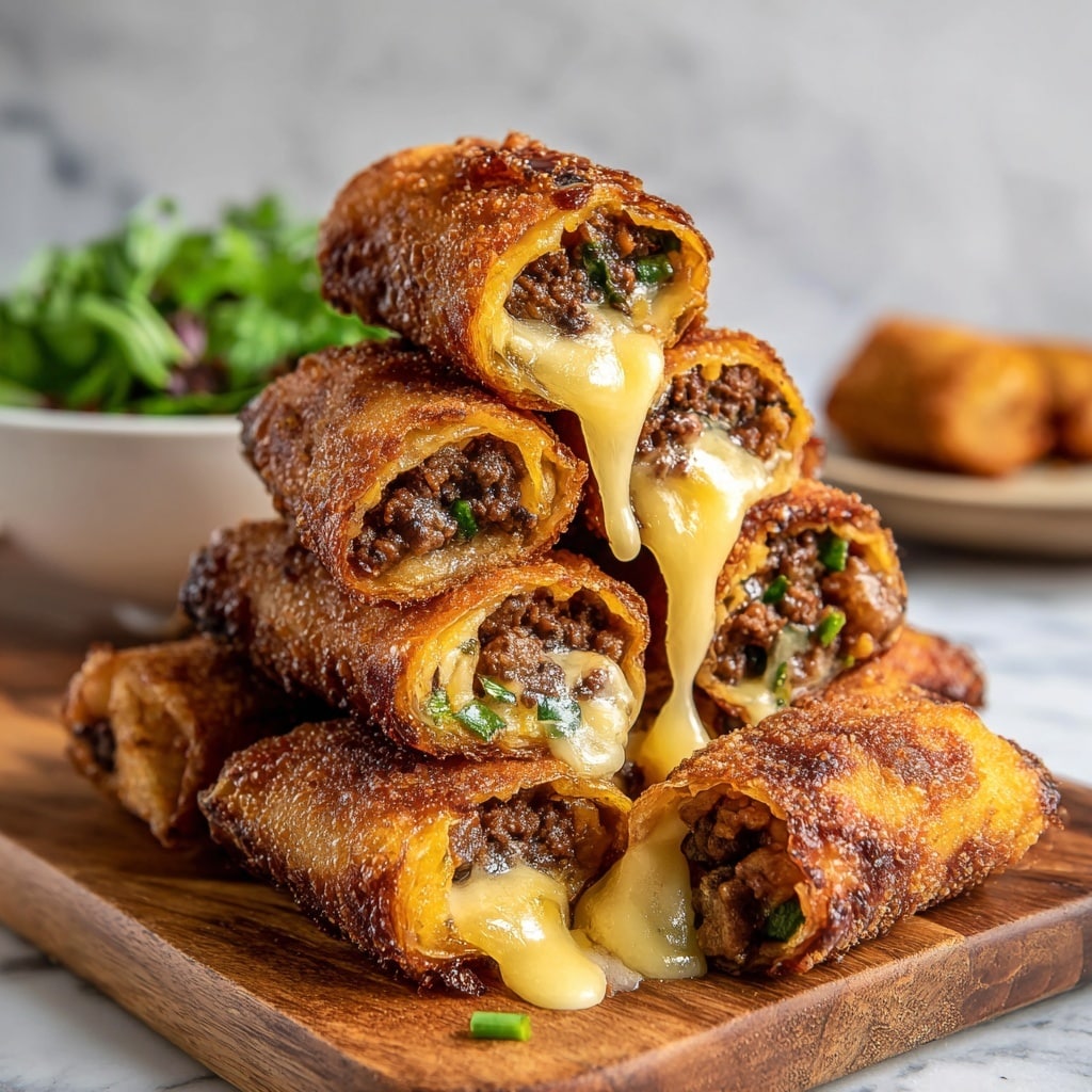 A close-up view of five golden-brown, crispy fried rolls stacked in two layers on a wooden board, filled with dark brown cooked meat and green chili slices inside. The top three rolls are open on one end, with smooth, creamy white melted cheese dripping down the sides and pooling on the board. The rolls have a bubbled, crunchy texture on the outside. In the blurred background, there is a white bowl with green leafy vegetables on a white marbled surface. Photo taken with an iphone --ar 4:5 --v 7