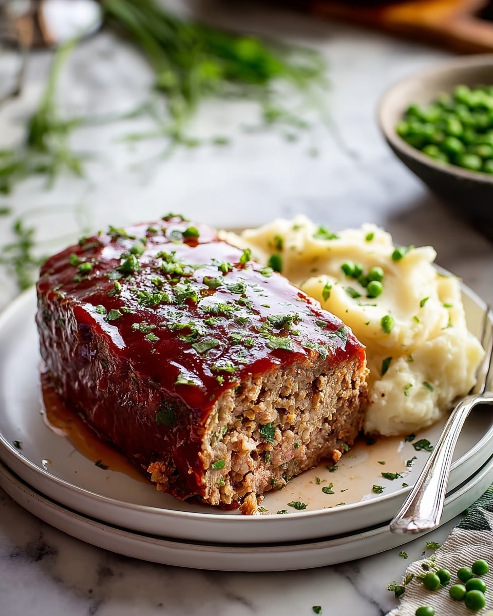 A thick slice of meatloaf with a glossy reddish-brown sauce on top and around it sits on a white plate, garnished with chopped green herbs. The meatloaf shows a dense, slightly crumbly texture with bits of onion inside. Next to it is a serving of light yellow mashed potatoes with a soft, creamy look. A silver fork rests on the right side of the plate, partially touching the mashed potatoes. Green peas in a small bowl sit in the front left corner on a white marbled surface, with a blurred background of green foliage and a black pot. Photo taken with an iphone --ar 4:5 --v 7