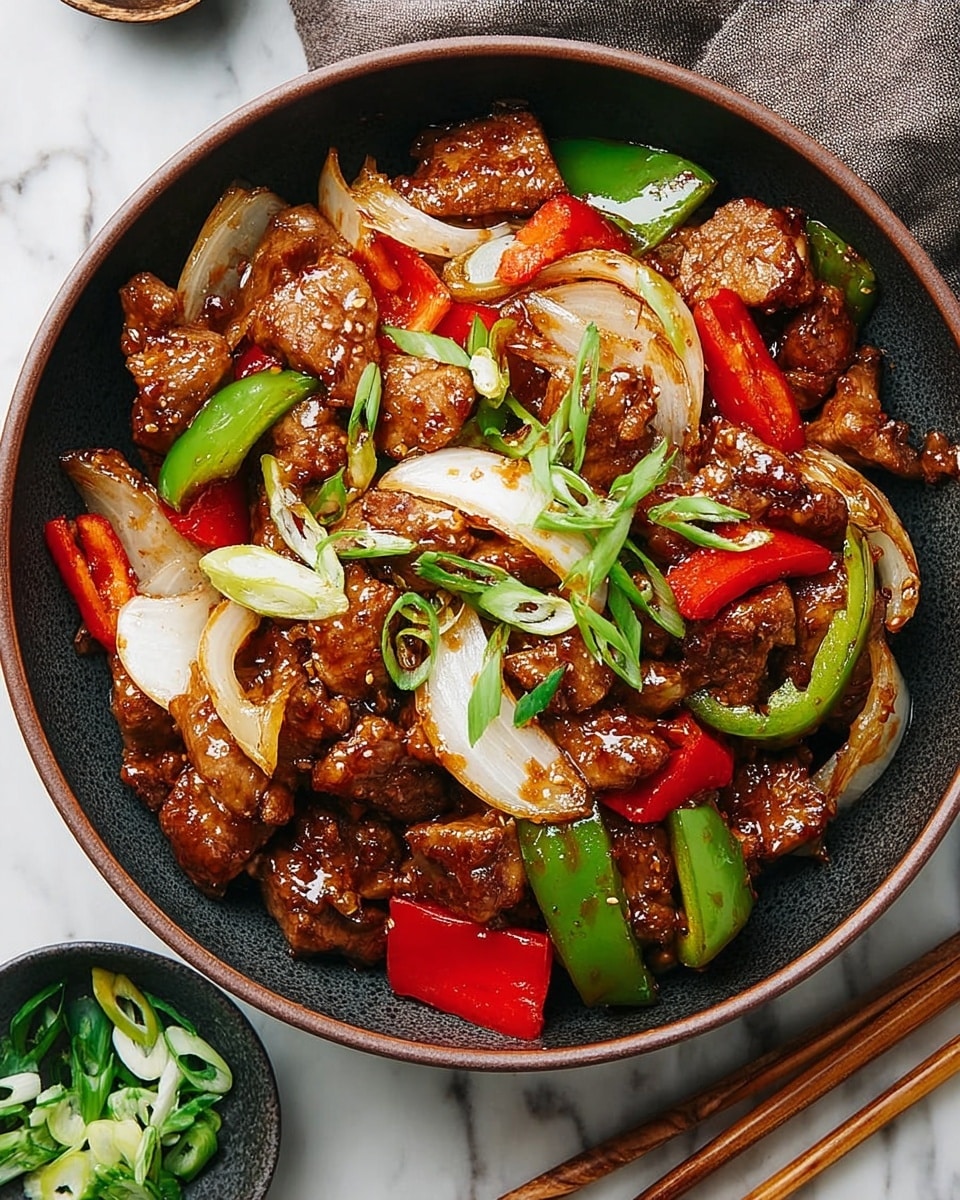 A black bowl with a light brown rim holds a stir-fried dish with three main layers: at the bottom are chunky pieces of cooked onion, cut into curved, translucent white slices; the middle layer is made up of bite-sized pieces of brown cooked meat, mixed with bright red and green bell pepper chunks; scattered on top are small, light green chopped spring onion slices. The bowl is placed on a white marbled surface, with a pair of wooden chopsticks resting on the left edge of the bowl. Around the bowl, there is a small white bowl filled with coarse salt, a white ceramic container with a lid, and a gray-blue cloth on the left. In the upper left corner, there is a small plate filled with more chopped spring onions. photo taken with an iphone --ar 4:5 --v 7