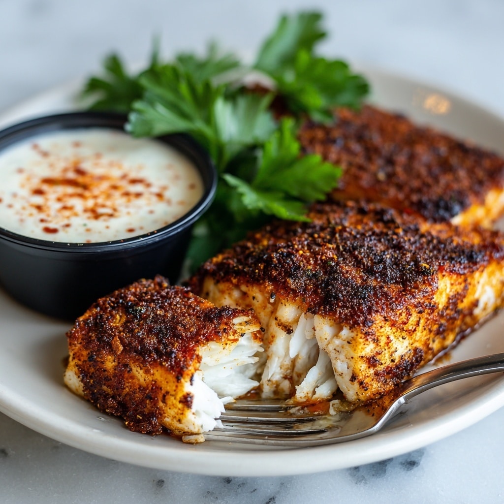 The image shows a white plate with two pieces of blackened mahi mahi fish, coated with a dark brown, crispy spice layer on top, revealing flaky white fish inside where one piece is partially torn by a fork on the right side of the plate. Beside the fish is a small black container filled with creamy white sauce that has a light sprinkle of reddish seasoning on top. Fresh green parsley is placed next to the fish and sauce as garnish. The background surface is a white marbled texture. Photo taken with an iphone --ar 4:5 --v 7