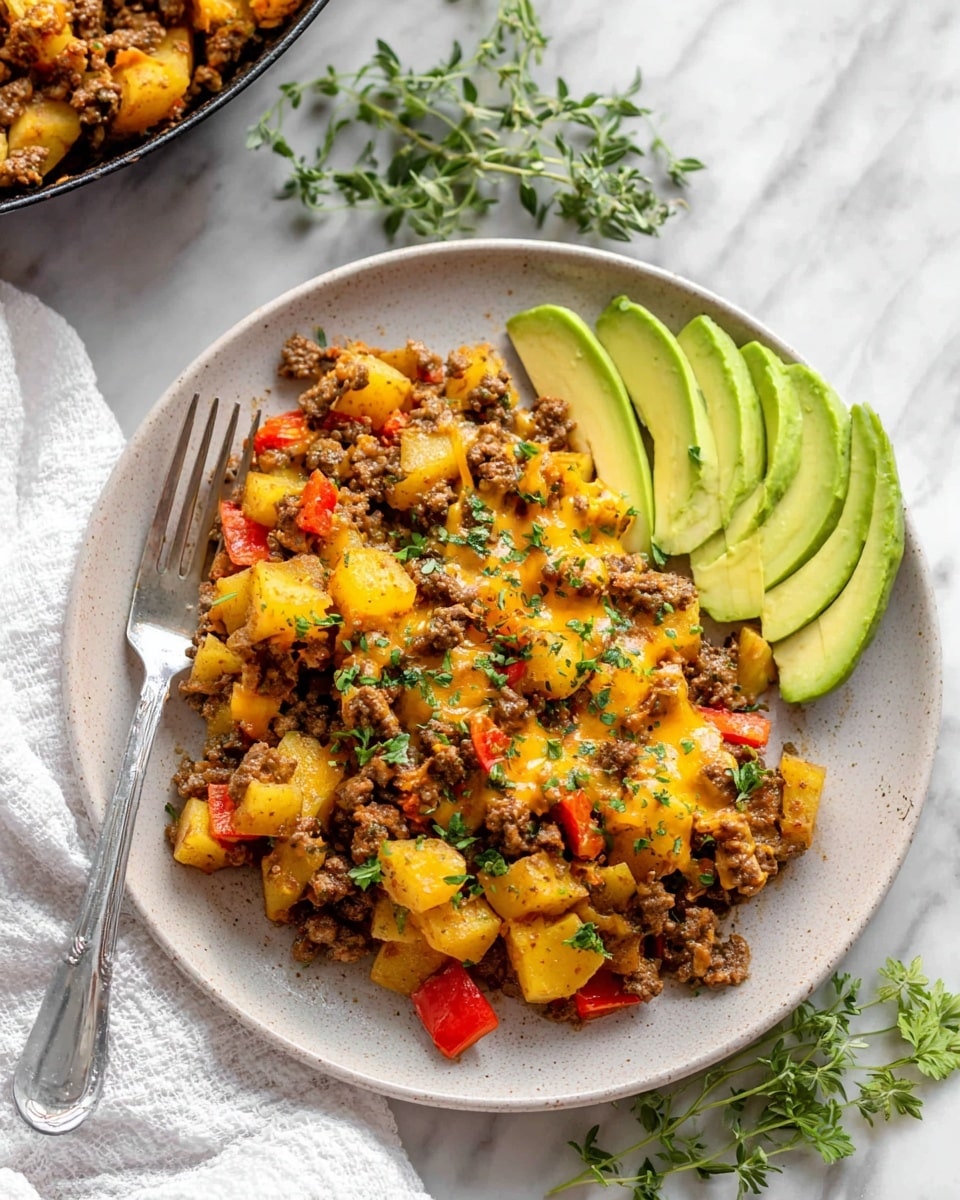 A white shallow bowl filled with a cooked mix of ground beef, diced yellow potatoes, and chopped red bell peppers, all mixed with melted yellow cheese and sprinkled with chopped green herbs. On one side of the bowl, four slices of fresh avocado are neatly stacked, adding a creamy green layer to the dish. A silver fork rests inside the bowl on the left side, and in the background, some green herb sprigs and a white cloth are visible on a white marbled surface. The photo taken with an iphone --ar 4:5 --v 7
