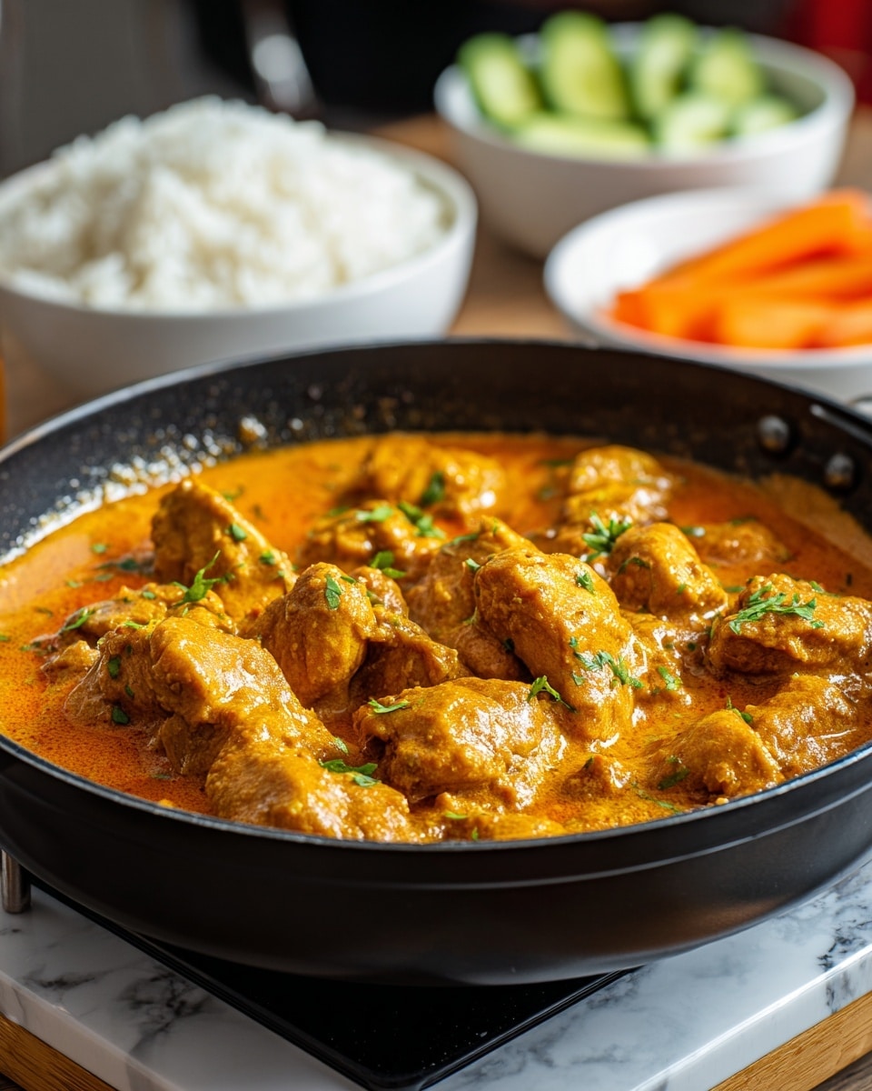 A black frying pan holds thick, chunky pieces of chicken covered in a smooth, rich orange sauce with green herb bits scattered on top; in the background, two white bowls are visible, one filled with plain white rice and the other with a red sauce, all placed on a white marbled surface, capturing a warm and homey kitchen setting. photo taken with an iphone --ar 4:5 --v 7