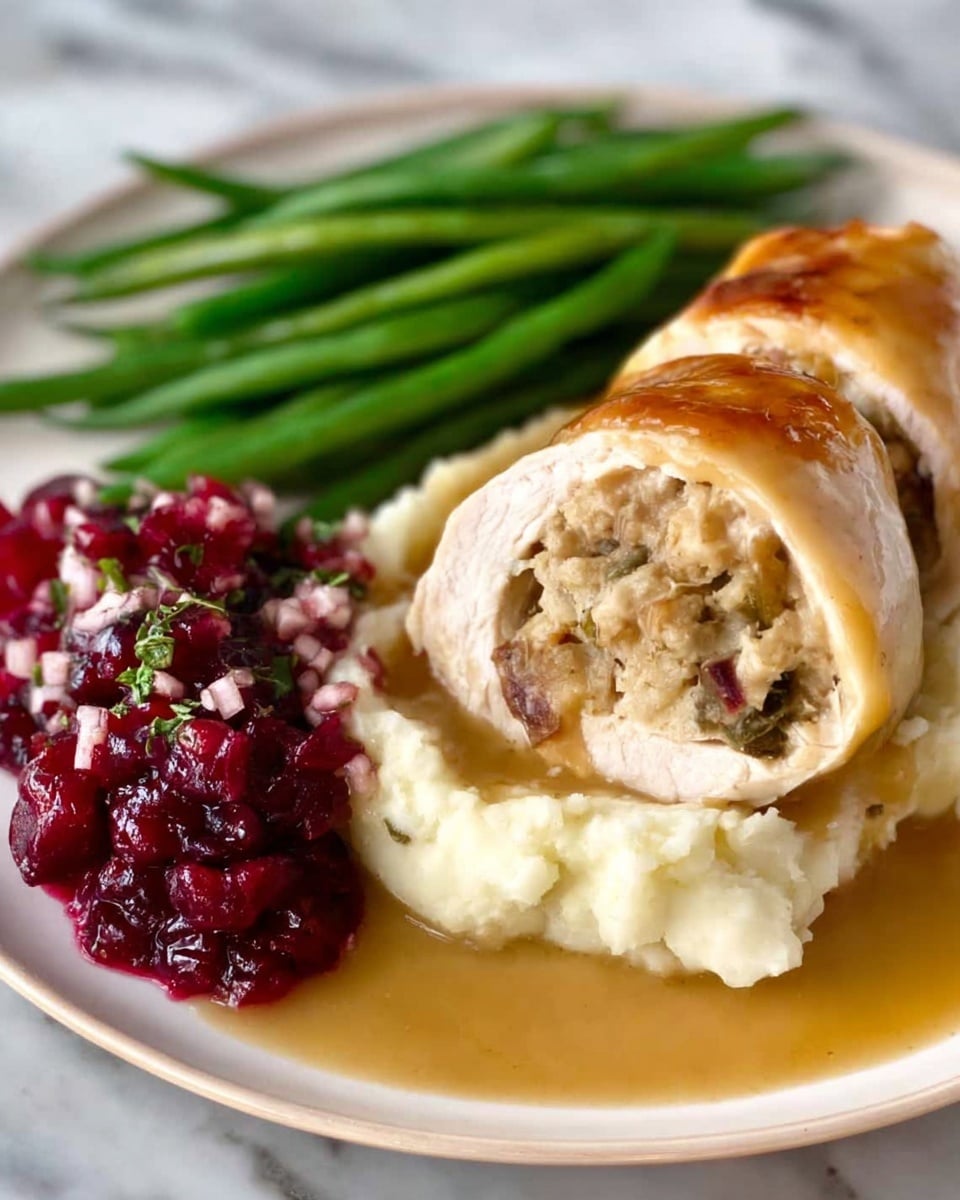 A white plate holds a meal with three sections: on the right, there is a roll of sliced turkey breast covered in light brown gravy, laid over a layer of creamy white mashed potatoes; on the left side, there is a small pile of bright red cranberry sauce with visible bits of green and white, giving it a chunky texture; behind the cranberry, there is a serving of shiny green beans with a smooth texture. The plate rests on a white marbled surface. Photo taken with an iphone --ar 4:5 --v 7