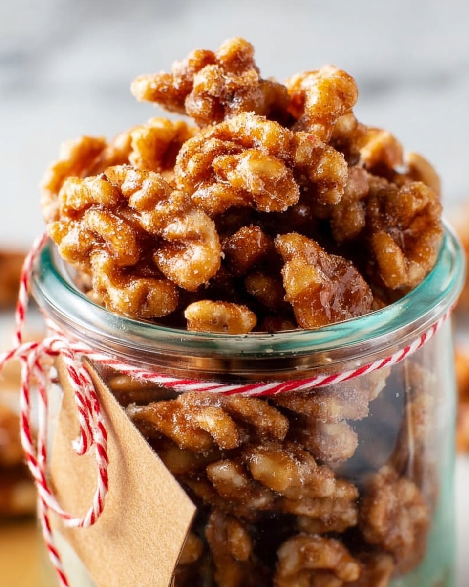 A tall clear glass jar filled with many pieces of sugared, crunchy walnuts piled high, showing a rough texture with a shiny, caramelized coating in golden brown hues; the close-up emphasizes the uneven, bumpy surface and the rich, sugared crust on each walnut piece, with the jar placed on a white marbled texture. photo taken with an iphone --ar 4:5 --v 7