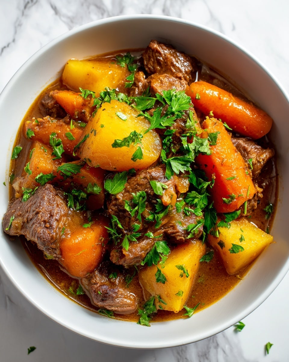 A white speckled bowl is filled with a rich beef stew, showing layers of chunky dark brown beef pieces and large orange carrot slices mixed with pale yellow potato chunks. The stew has a thick brown sauce that coats the ingredients, and the dish is garnished with bright green chopped parsley sprinkled evenly on top. The bowl sits on a white marbled surface with a small parsley leaf nearby. Photo taken with an iphone --ar 4:5 --v 7