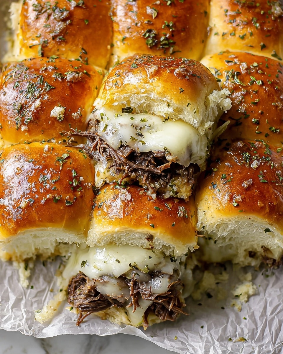 The image shows a close-up of a sandwich made of six glossy golden-brown slider buns topped with herbs, arranged together on crumpled parchment paper over a white marbled surface. Each bun is sliced horizontally, revealing two main layers inside: the top layer contains shredded dark brown meat with a fibrous texture, and the bottom layer has melted white cheese that appears soft and stringy. The buns look soft and fluffy inside with a slight crisp on the outside, and the sandwich is brushed with a shiny, oily glaze mixed with herbs. Photo taken with an iphone --ar 4:5 --v 7