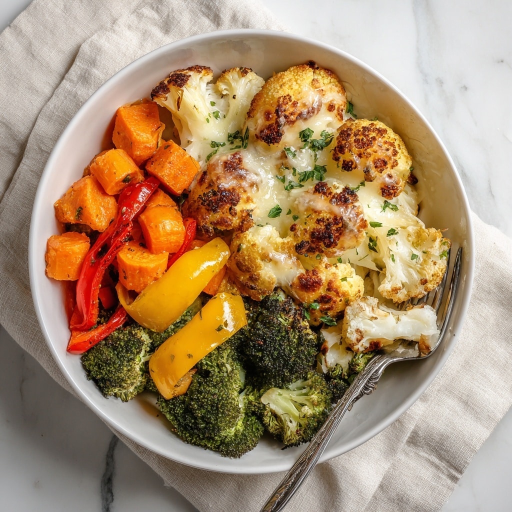A white bowl filled with roasted vegetables arranged in two main layers; the bottom layer has chunky pieces of bright orange carrots, yellow bell peppers, and tender green broccoli florets, while the top layer features golden-brown roasted cauliflower with crispy, browned edges and melted cheese draped over parts of the cauliflower and broccoli. Small green herb bits are sprinkled on top, adding a fresh touch. A silver fork holds a piece of white roasted cauliflower near the edge of the bowl. The bowl sits on a light beige cloth with a white marbled surface underneath. photo taken with an iphone --ar 4:5 --v 7