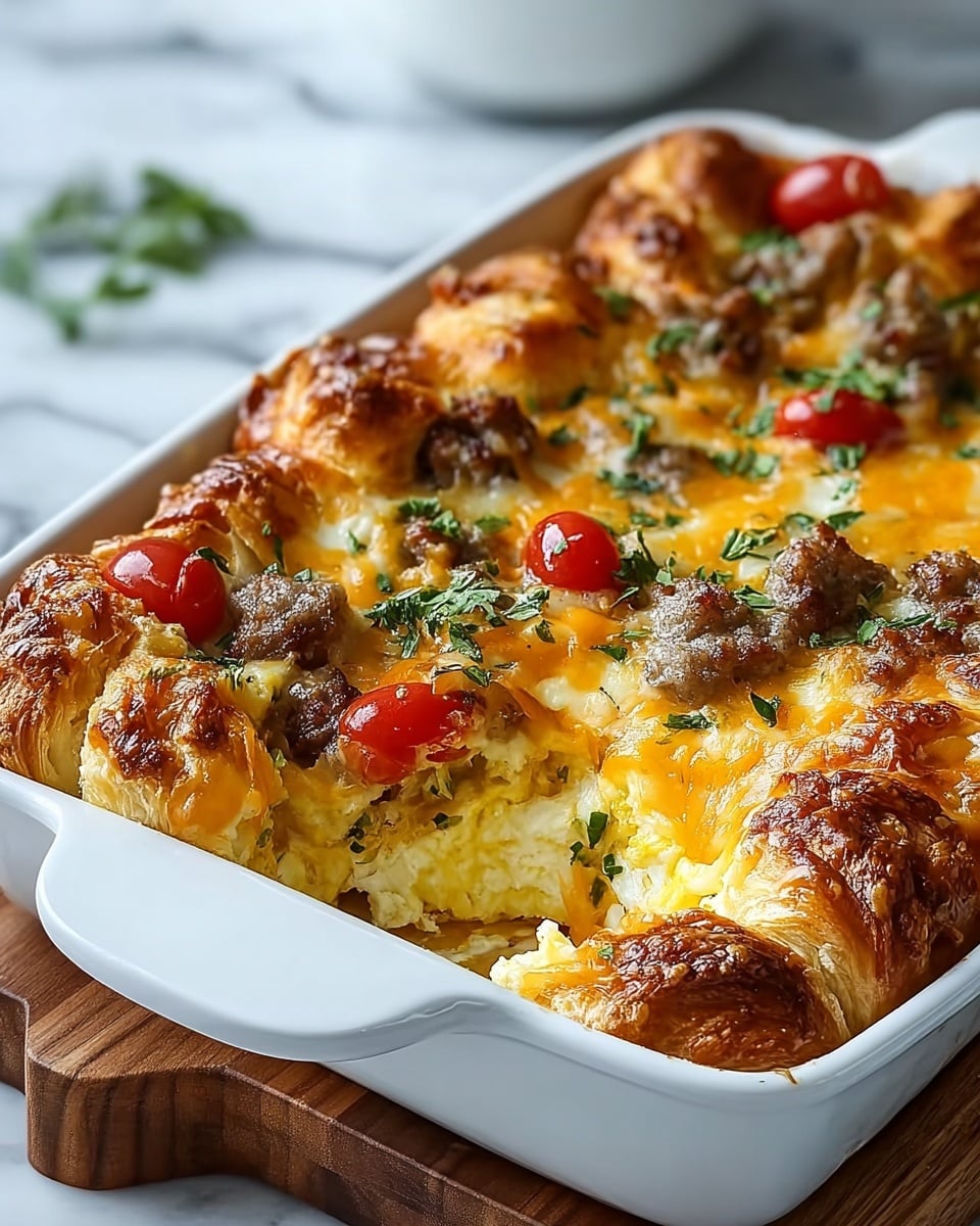 The dish is a baked casserole with three main visible layers. The bottom layer is flaky golden brown croissant dough shaped in rolls, visible on the edges with a shiny, crispy texture. The middle layer is a creamy, pale yellow mixture, likely scrambled eggs or cheese-based, filling the gaps between the croissant rolls. The top layer is made up of browned cooked sausage pieces scattered evenly, melted yellow cheese covering the sausage and casserole surface with small sprinkles of fresh green herbs for garnish, along with a few bright red cherry tomatoes peeking out. The casserole is in a white ceramic baking dish resting on a wooden board, with a white marbled surface in the background. Photo taken with an iphone --ar 4:5 --v 7