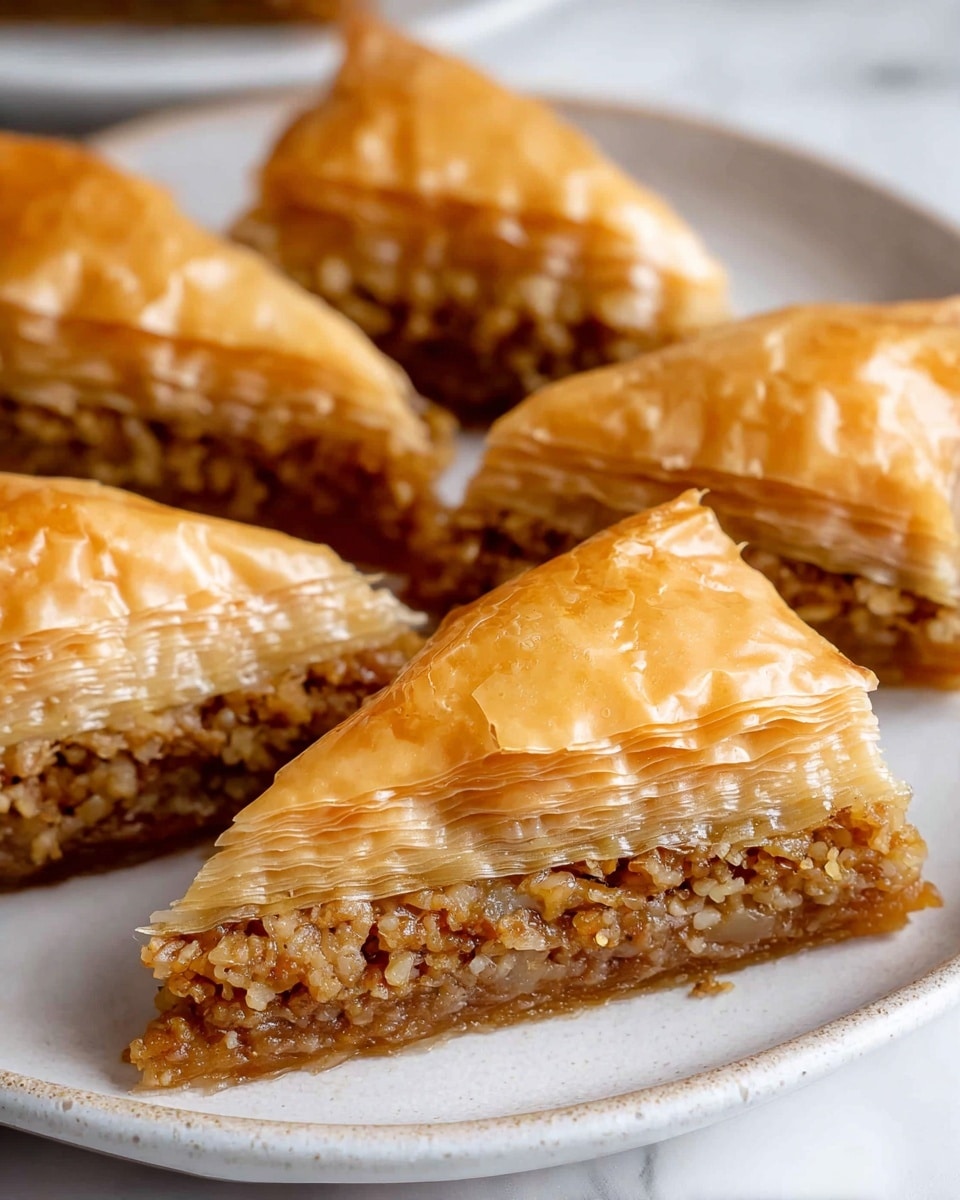 Several pieces of baklava are shown on a white plate, each shaped like a triangle. The baklava has about five layered, thin, golden-brown, flaky pastry sheets on top, with a textured, light brown nut filling layer beneath them. The top layers look shiny and crispy, while the nut layer looks crumbly and moist. The edges of the pastry are uneven and some small flakes are visible around the pieces. The plate is on a white marbled surface. photo taken with an iphone --ar 4:5 --v 7