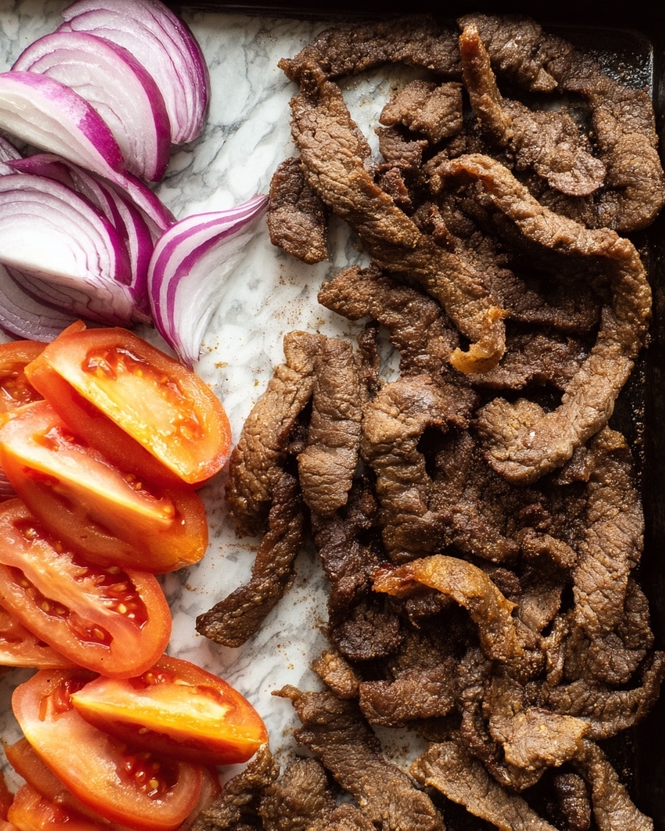 The image shows a baking tray filled with many pieces of cooked, thin, brown meat strips, which have a slightly rough texture and some curled edges. On the left side of the tray, there are red onion wedges stacked in two layers with thin purple and white rings visible, and below them are bright orange tomato wedges with a smooth texture and shiny surface. The tray is placed on a white marbled surface. photo taken with an iphone --ar 4:5 --v 7