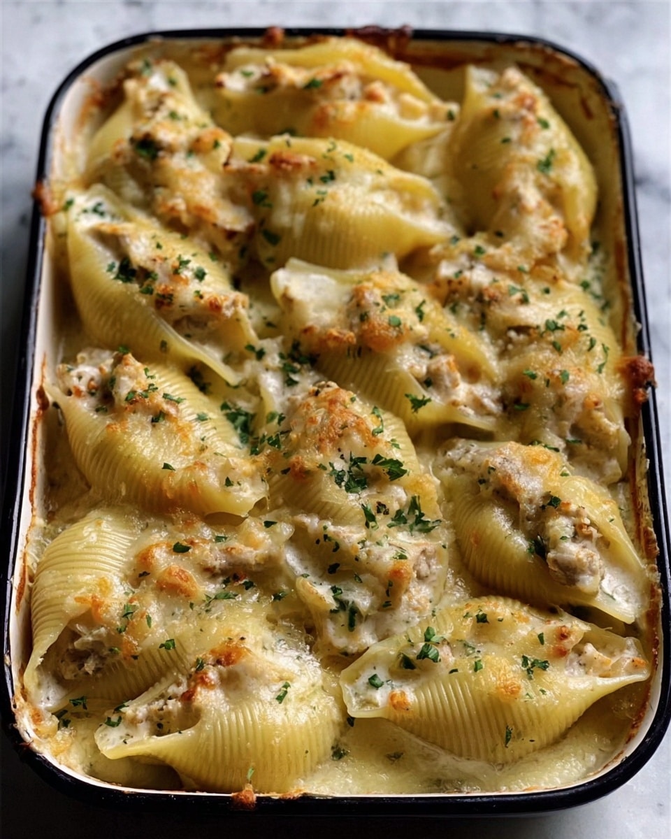 The image shows a close-up view of a baked pasta dish in a white rectangular baking dish, filled with large pasta shells layered with a creamy sauce and melted cheese on top. Each shell is stuffed and covered with shredded white cheese that is golden and bubbly from baking. Small pieces of green herbs are sprinkled evenly over the cheese, adding a touch of color. The edges of the shells are visible, and the texture shows a mix of creamy sauce and melted cheese blending smoothly. The white marbled surface can be seen faintly in the background. Photo taken with an iphone --ar 4:5 --v 7