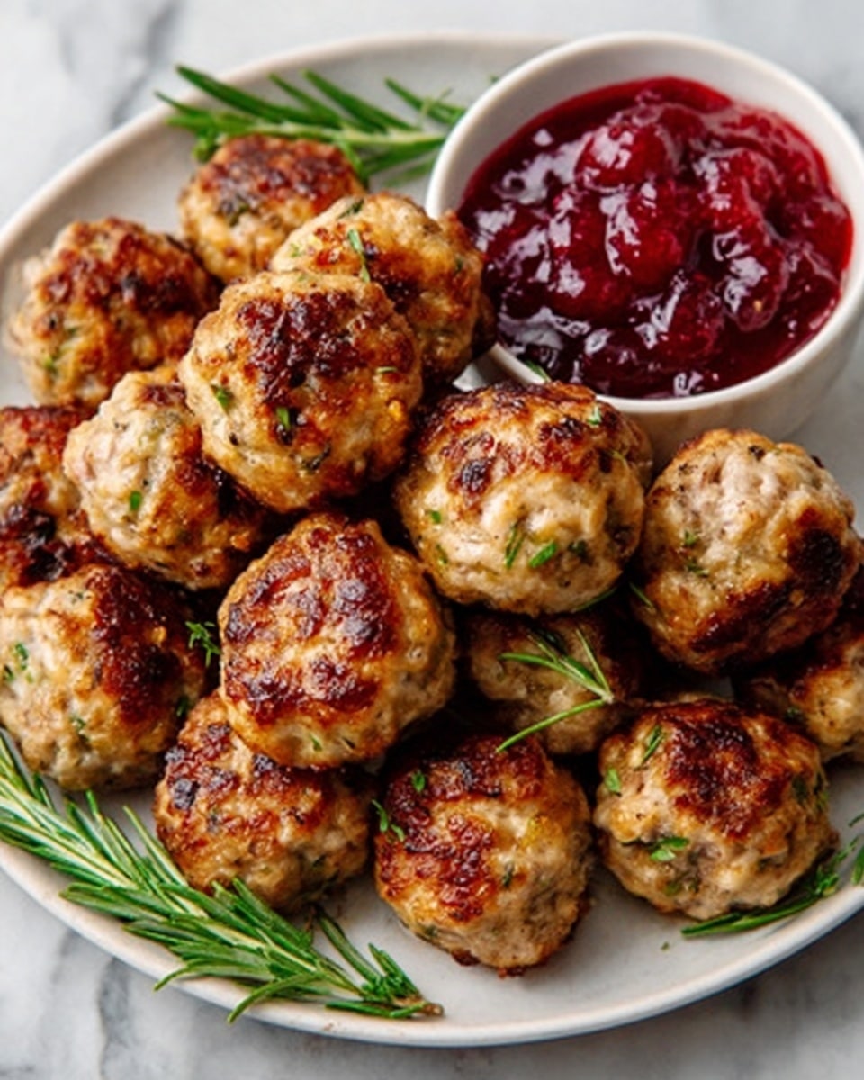 The image shows a white plate with a group of golden-brown meatballs, slightly charred and crispy on the outside, arranged in two layers. The meatballs have small green herb bits visible throughout, adding texture and color. To the right of the plate sits a small white bowl filled with bright red cranberry sauce, smooth with some glossy highlights. Sprigs of fresh rosemary are placed on the plate underneath and around the meatballs, adding a touch of green and softness to the presentation. The background is a white marbled surface. Photo taken with an iphone --ar 4:5 --v 7