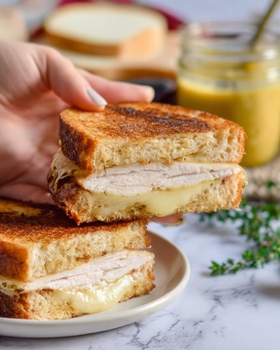 The image shows a sandwich cut diagonally in half and stacked, placed on crumpled white parchment paper on a white marbled surface. The sandwich has three visible layers: the top layer is golden brown toasted bread with a slightly rough texture, the middle layer consists of light pink turkey slices, and the bottom layer is melted yellow cheese that oozes slightly around the edges. Behind the sandwich, there is a glass jar filled with a creamy yellow sauce, and a silver spoon with some sauce is resting on the parchment paper. A slice of untoasted white bread is also visible in the background among some green leafy herbs. Photo taken with an iphone --ar 4:5 --v 7