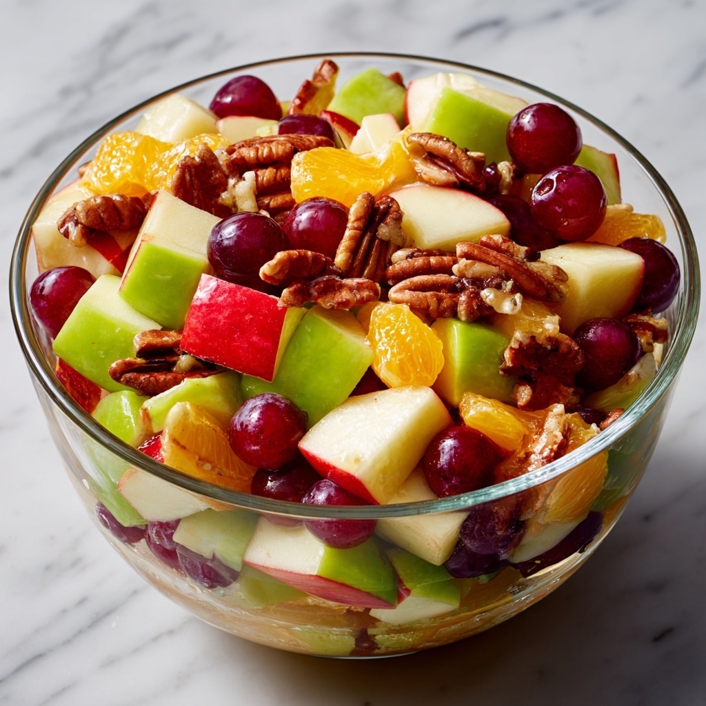 A clear glass bowl filled with bright, colorful fruit salad sits on a white marbled surface. The salad has three main layers mixed together: the first layer has chunky pieces of green and red apple with smooth, shiny skin and white inside; the second layer has round, deep red grapes scattered evenly; the third layer contains rough-textured orange chunks and large brown pecans. Small, dark red dried cranberries are sprinkled on top for a touch of contrast. Near the bowl, there is a whole green apple and a white plate with red grapes. A wooden salad spoon rests on the surface, and a green and white checkered cloth peeks in from the bottom left corner. The photo taken with an iphone --ar 4:5 --v 7