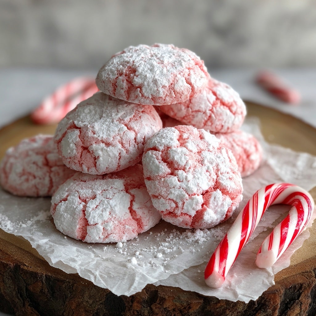 A pile of round pink cookies covered in a thick layer of white powdered sugar is stacked on crinkled white parchment paper over a rustic wood slab with rough texture on the sides; the cookies show cracked surfaces under the sugar dusting, and two white and red striped candy canes lean against the pile on a white marbled background. photo taken with an iphone --ar 4:5 --v 7