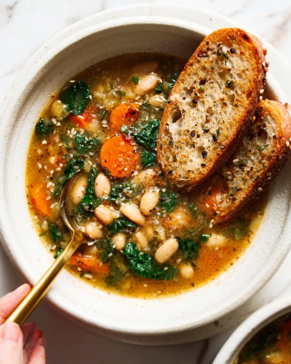A white bowl filled with a thick soup containing visible layers of orange carrot slices, white beans, and green spinach leaves floating in a rich golden-brown broth with specks of black pepper and herbs. Two slices of toasted brown bread with a slightly crispy texture rest on the right side of the bowl, partially submerged in the soup. A gold spoon is placed inside the bowl, with its handle pointing outwards. The bowl sits on a surface with a white marbled texture. photo taken with an iphone --ar 4:5 --v 7