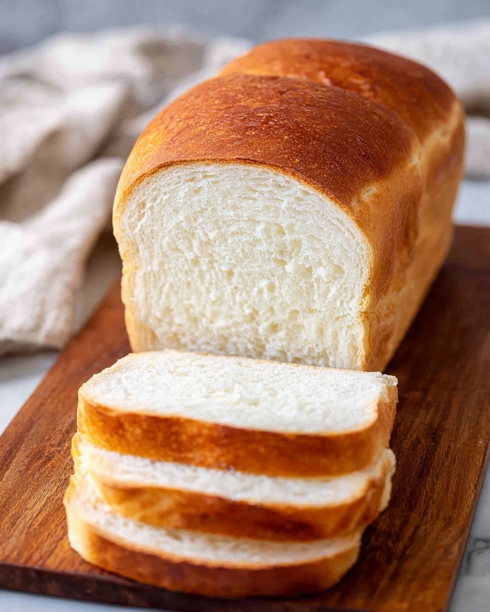 A loaf of white bread is placed on a wooden board with a white marbled texture background. The bread has a golden brown crust on the top with a soft, fluffy white interior. The loaf is partially sliced, showing three thick slices laying flat in front of the main loaf, with the texture of the bread inside appearing light and airy. The focus is on the smooth, slightly shiny crust and the fine crumb structure inside the slices. Photo taken with an iphone --ar 4:5 --v 7