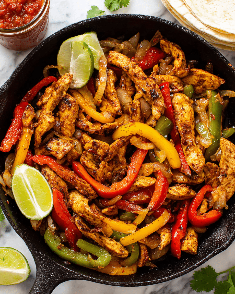 The image shows a black cast iron skillet filled with cooked chicken strips and colorful bell pepper slices. The chicken pieces are golden brown with seasoning, and the bell peppers come in red, yellow, and green colors, mixed with sautéed onions that are lightly browned. Two lime wedges rest on the side inside the skillet. The skillet is placed on a white marbled surface, with some fresh green cilantro leaves around it and a small glass jar of red salsa visible on the top left. Photo taken with an iphone --ar 4:5 --v 7