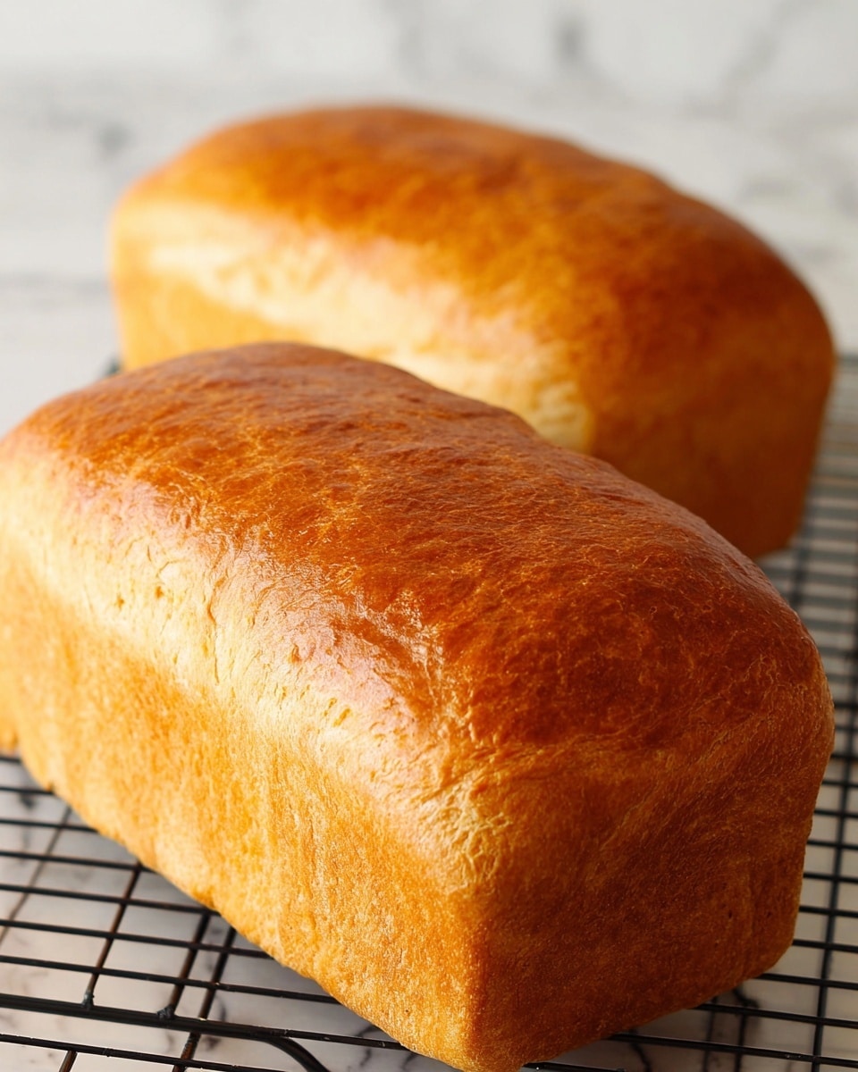 Two golden brown loaf breads sit on a black cooling rack over a white marbled surface. Each loaf has a smooth, shiny top crust with a slightly textured surface. The loaves are rectangular with rounded edges and show a soft, light brown side crust. The loaves fill most of the image frame with a soft, warm light highlighting their glossy finish. Photo taken with an iphone --ar 4:5 --v 7