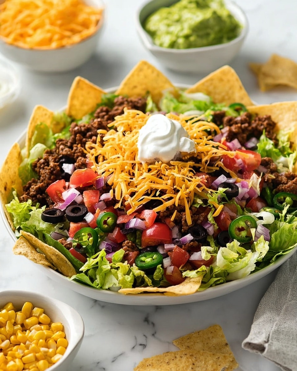 A white bowl filled with a colorful layered taco salad on a white marbled surface. The base layer is made of fresh green lettuce pieces with tortilla chips placed around the edge of the bowl. On top of the lettuce are scattered black beans, sweet yellow corn, chopped red tomatoes, sliced black olives, and small pieces of red onion. Several portions of brown ground beef are placed around the salad along with a dollop of bright green guacamole in the center. There is a small white dollop of sour cream on top of the guacamole. Shredded yellow cheddar cheese is sprinkled generously across the salad. A light pinkish dressing is drizzled over the entire dish. A white bowl of shredded cheddar and another white bowl of guacamole are seen in the background along with loose tortilla chips and a white cloth nearby. photo taken with an iphone --ar 4:5 --v 7