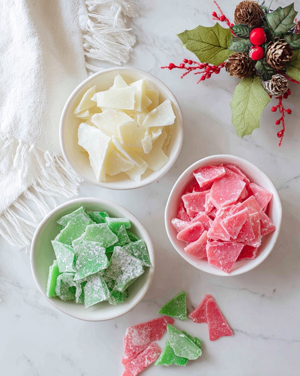 Three white bowls on a white marbled surface hold broken candy pieces that look like shards of glass. The top left bowl contains pale cream-colored candy shards with a powdery texture. The top right bowl has smooth, bright green candy shards dusted lightly with white powder. The bottom bowl holds vibrant pink candy shards, also with a powdery surface. Around the bowls, there are small groups of scattered candy shards in mixed colors of green, pink, and cream. A white cloth with fringed edges is in the top left corner, and a small festive decoration with pine cones, green leaves, and red berries is in the top right corner of the image. Photo taken with an iphone --ar 4:5 --v 7