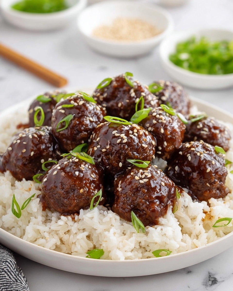 A white bowl filled with round meatballs stacked closely together, each meatball is covered with a shiny dark brown sauce giving them a glistening look. The meatballs are sprinkled with white sesame seeds and topped with bright green sliced scallions. A woman's hand holding a silver fork is lifting one meatball near the center, showing its glossy texture clearly. The bowl sits on a white marbled surface, with blurred white dishes in the background. photo taken with an iphone --ar 4:5 --v 7