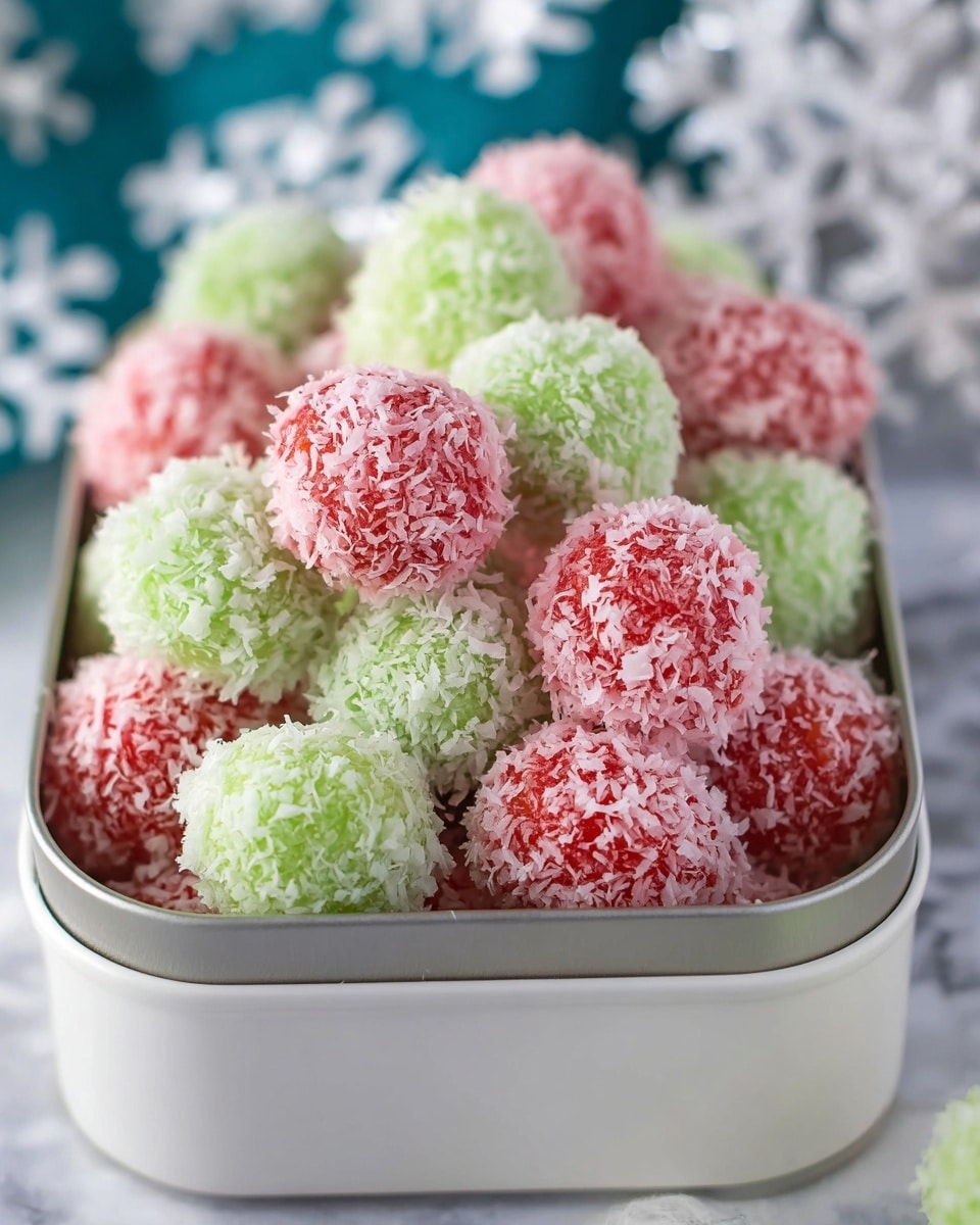 A white plate holds a pyramid stack of round candy balls covered in white shredded coconut flakes. The candies come in two colors: soft pink and light green, both with a rough texture from the coconut covering. Behind the plate is a blue tin decorated with snowman and winter images, filled with more of the same pink and green coconut candy balls. The scene is set on a white marbled surface with a blurred white snowflake decoration in the background and a small green pine sprig next to the plate. photo taken with an iphone --ar 4:5 --v 7