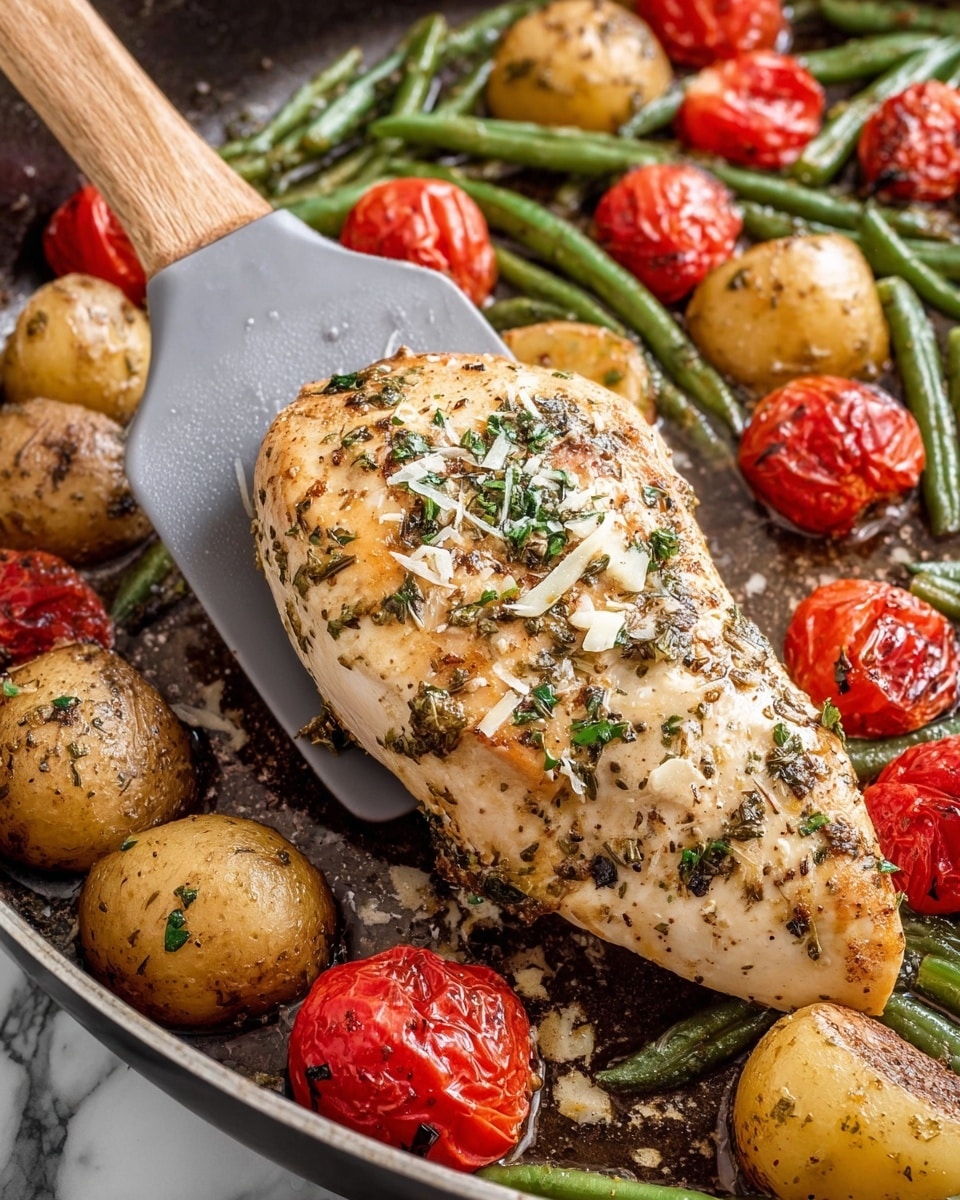 A white plate holds three main layers of food arranged side by side: on the left, a pile of roasted small round potatoes with light brown skin and scattered roasted red cherry tomatoes; in the center, a layer of roasted green beans mixed with more roasted red cherry tomatoes; on the right, a seasoned grilled chicken breast sliced into thick pieces, garnished with coarse black pepper and fresh green herbs. A black fork is piercing a piece of chicken at the bottom right of the plate. The plate sits on a white marbled surface with a black knife and fork resting on a white cloth with black stripes to the lower left, a small wooden bowl of chopped green herbs on the upper left, and salt and pepper shakers plus a wooden bowl with grated cheese visible on the lower right. In the upper right, a baking tray holds similar roasted vegetables and potatoes. photo taken with an iphone --ar 4:5 --v 7