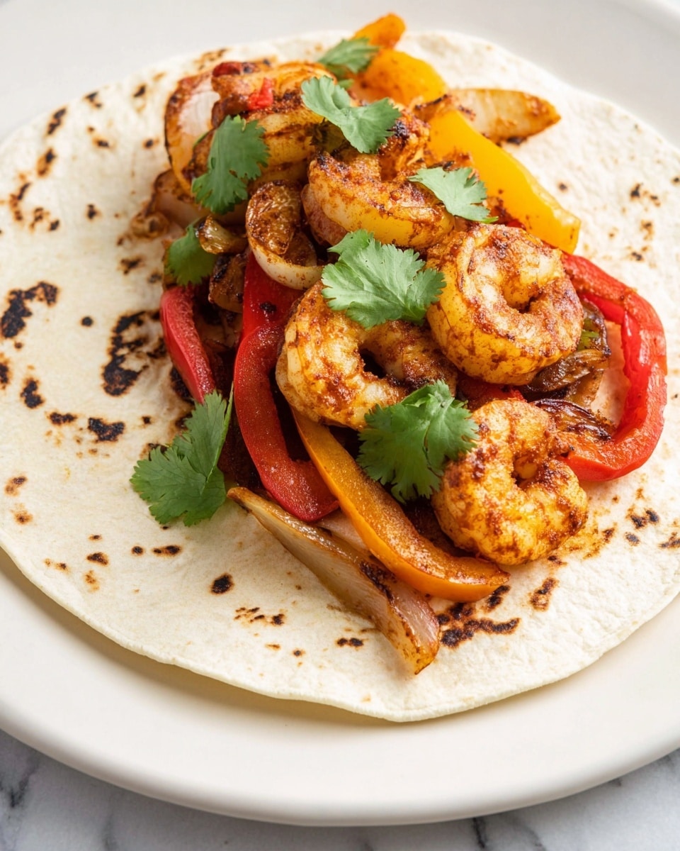The image shows a white plate with two overlapping lightly charred tortillas on the bottom layer, having small dark spots. On top of the tortillas, there is a layer of cooked shrimp seasoned with spices that give them a golden-brown color. Mixed in with the shrimp are sautéed red and yellow bell pepper strips and slices of cooked onions, all showing a slight grill texture. Garnishing the top are fresh, bright green cilantro leaves, adding a pop of color. The whole dish sits on a white marbled textured surface. photo taken with an iphone --ar 4:5 --v 7