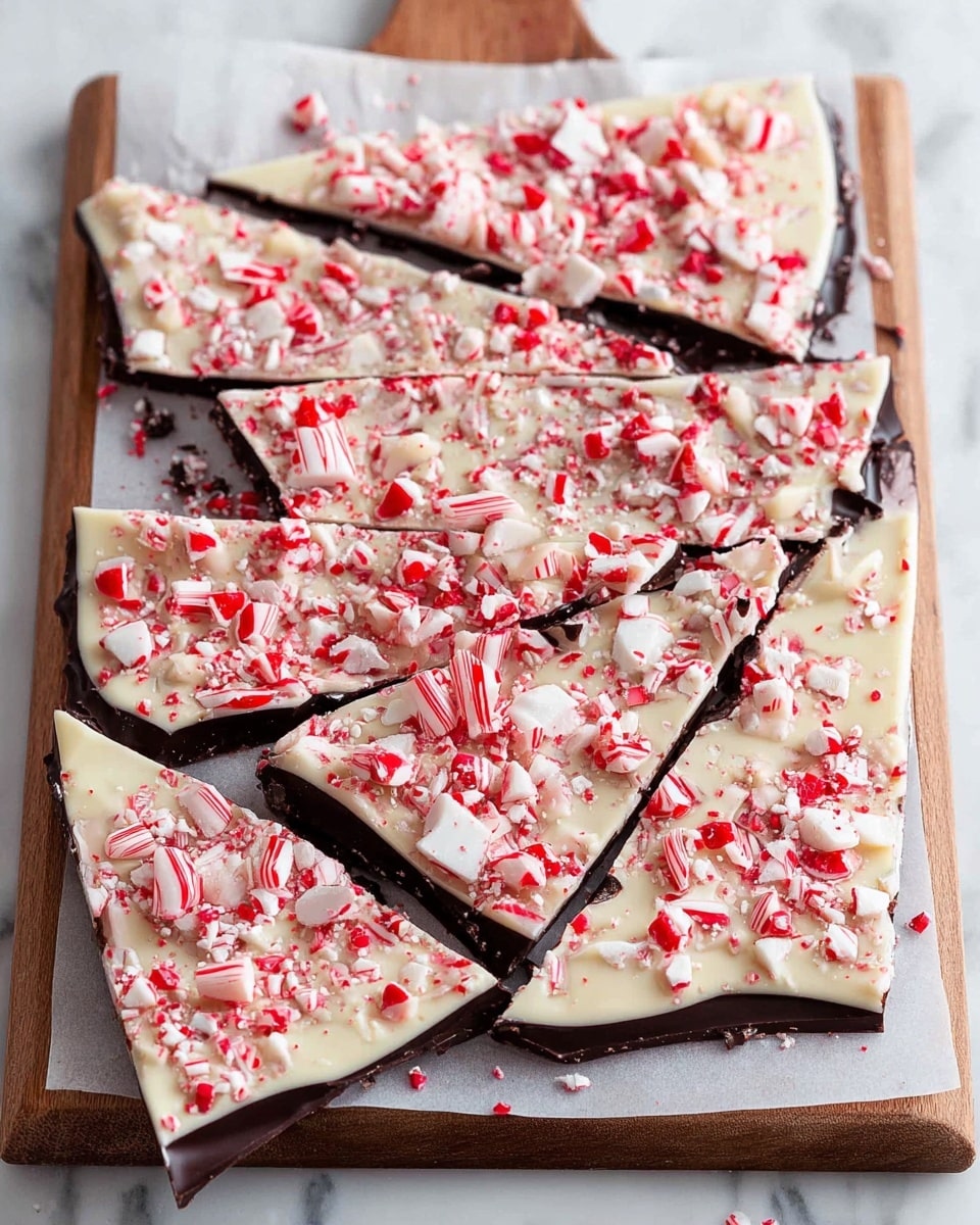 The image shows several pieces of triangular peppermint bark placed on a white marbled surface. Each piece has three layers: a dark brown, smooth chocolate base at the bottom, a thick creamy white chocolate middle layer, and a top layer covered with crushed red and white peppermint candy pieces, giving it a rough texture. Some small candy crumbs are scattered around the pieces. The colors stand out with the dark chocolate base contrasting against the bright white and red candy pieces. Photo taken with an iphone --ar 4:5 --v 7