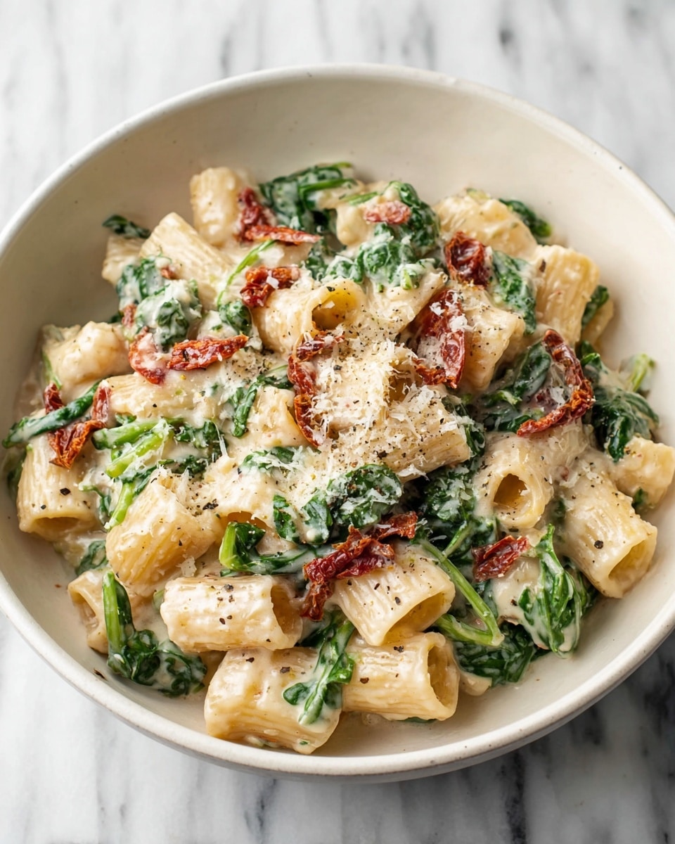 A white bowl filled with creamy pasta showing three main layers: large tube-shaped pasta in light yellow, bright green spinach leaves scattered evenly, and thin strips of sun-dried tomatoes in deep red mixed throughout. The pasta is coated in a smooth, light cream sauce with visible specks of pepper, and topped with finely grated white cheese giving a slightly textured finish. The bowl rests on a white marbled surface with soft natural lighting highlighting the freshness and colors of the ingredients. Photo taken with an iphone --ar 4:5 --v 7