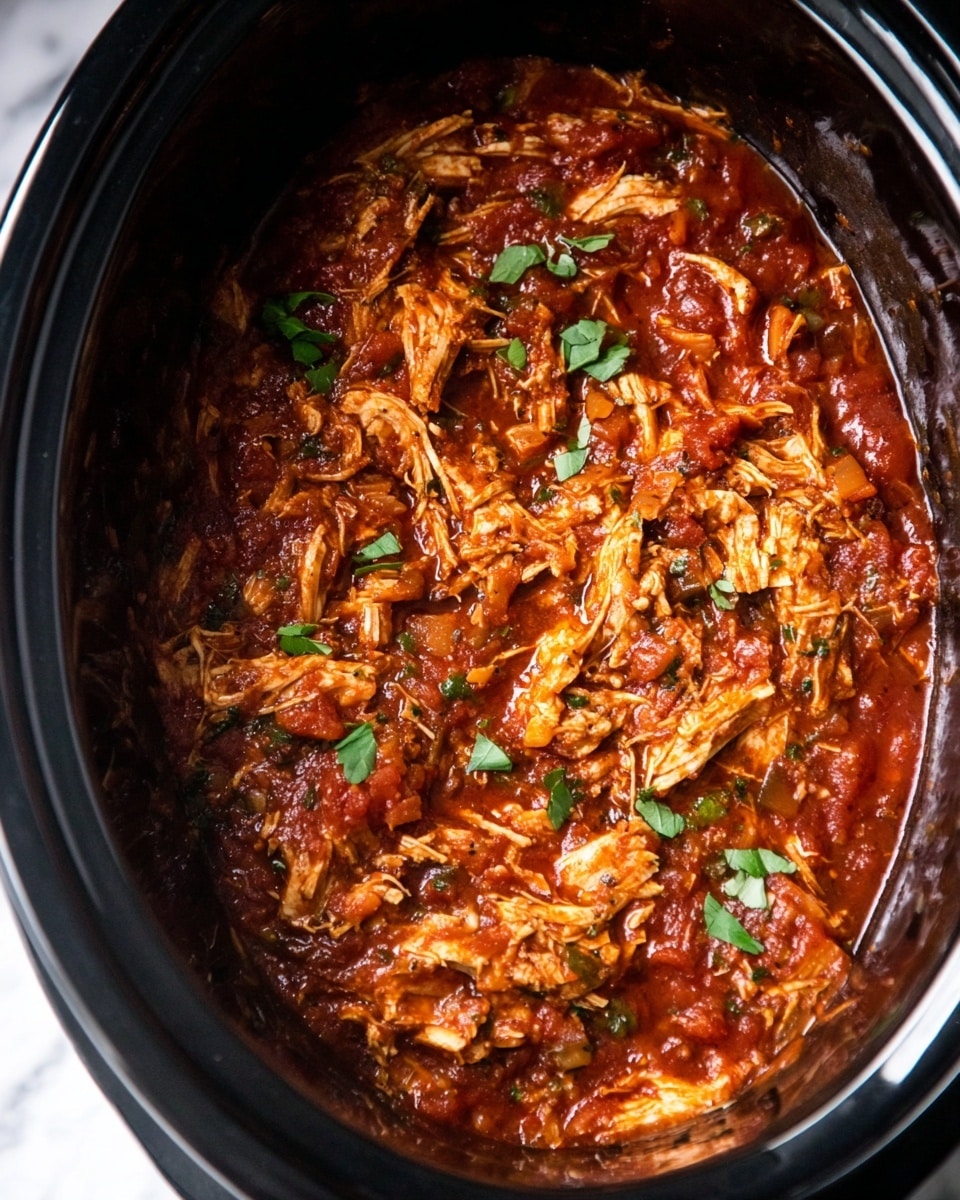 The image shows a close-up of shredded chicken fully mixed in a thick red sauce inside a black slow cooker. The chicken pieces are uneven, tender, and coated with a chunky tomato-based sauce that has visible bits of onion and herbs. Small green herb pieces are scattered on top, adding a touch of color contrast to the deep red and brown layers of sauce and chicken. The slow cooker rim is shiny and smooth, visible on the edges, and the background is a white marbled texture. photo taken with an iphone --ar 4:5 --v 7